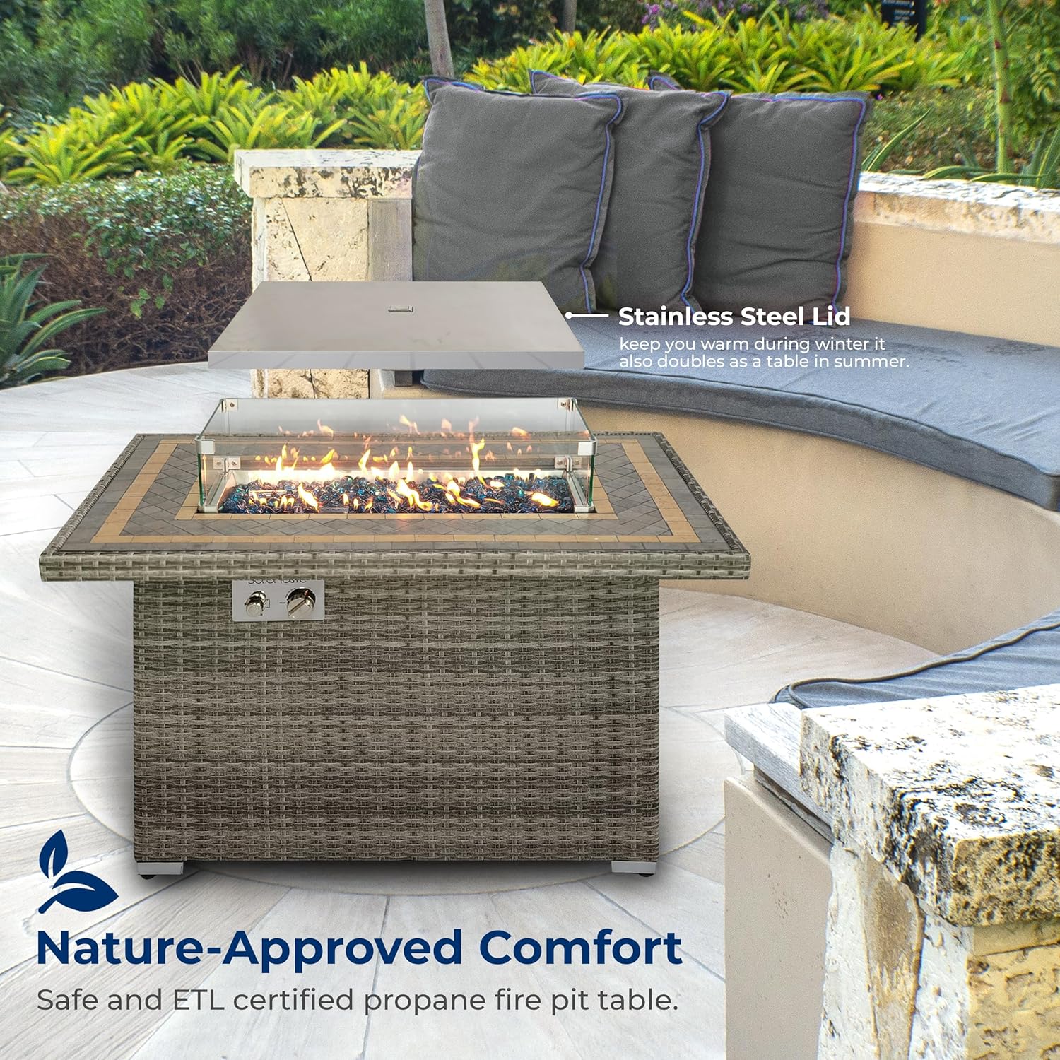 SereneLife Sturdy Wicker Base Propane Fire Pit Table with Tile Top, Patio Heater & Propane Heater, Sliding Door, Stainless Steel Burner, Tempered Glass Wind Guard, 50000 BTU, Weather Resistant