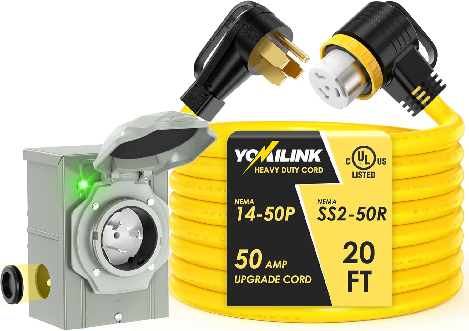 50 Amp 20 Feet Generator Cord with Inlet Box Kit, Heavy Duty 6/3+8/1 AWG STW Wire, NEMA 14-50P to SS2-50R Twist Locking, Newly Designed 90 Degree Grip Handle for Generator to House