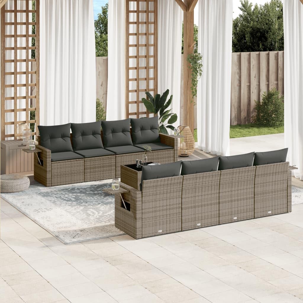 9 Piece Grey Poly Rattan Garden Sofa Set, Weathered Outdoor Patio Furniture Dining Table & Chairs, 8 Seater Balcony Conversation Set
