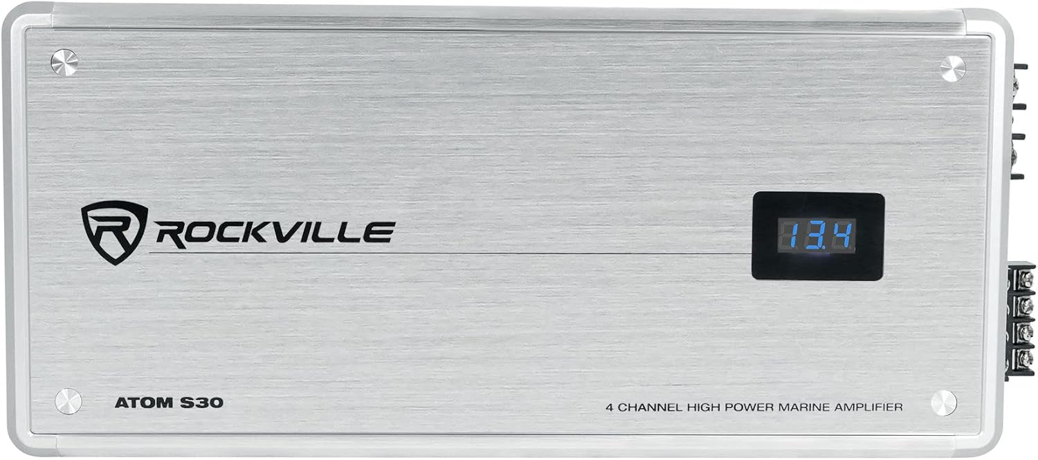 Rockville Atom S30 2400W 4-Channel Marine Amplifier 2/4 Ohm, Voltmeter, PA Mic, for Boats and Marine Audio Systems