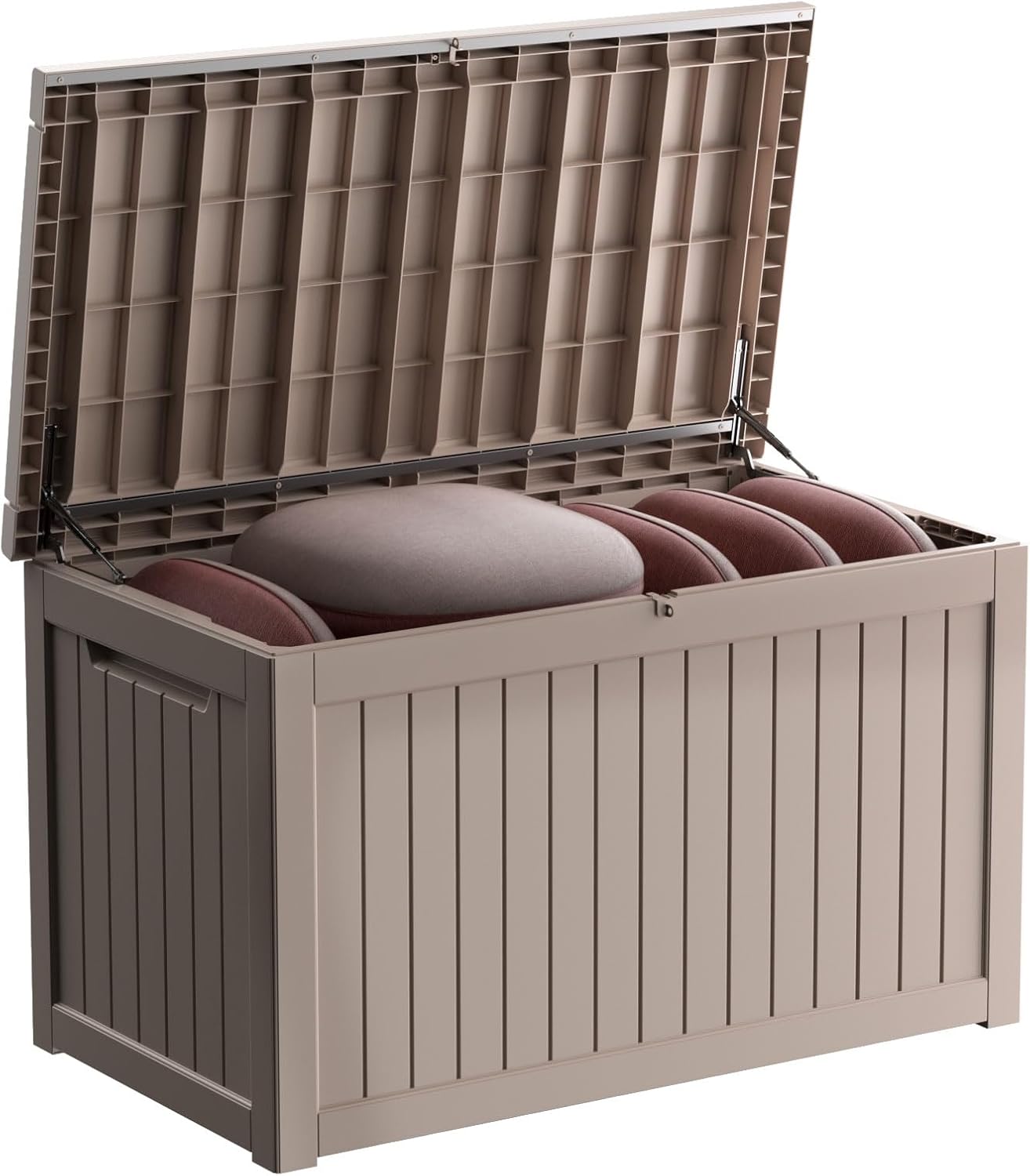 230 Gallon Resin Deck Box, Lockable Waterproof Ourdoor Storage Container for Pool Accessories, Patio Furniture, Cushions, Toys and Garden Tools, Khaki