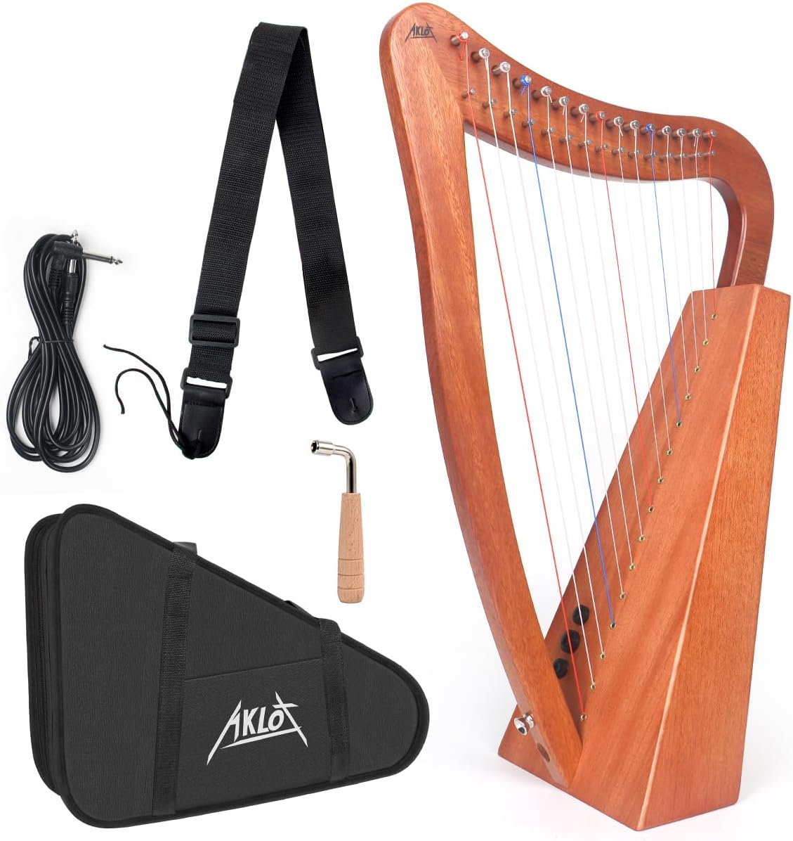 Harp, AKLOT 15 Strings Mahogany Lyer Harp 22 inch Height with Electric Box, Tuning Wrench, Black Bag and Strap,Lyer Kit Gift for Adult Professional Beginner