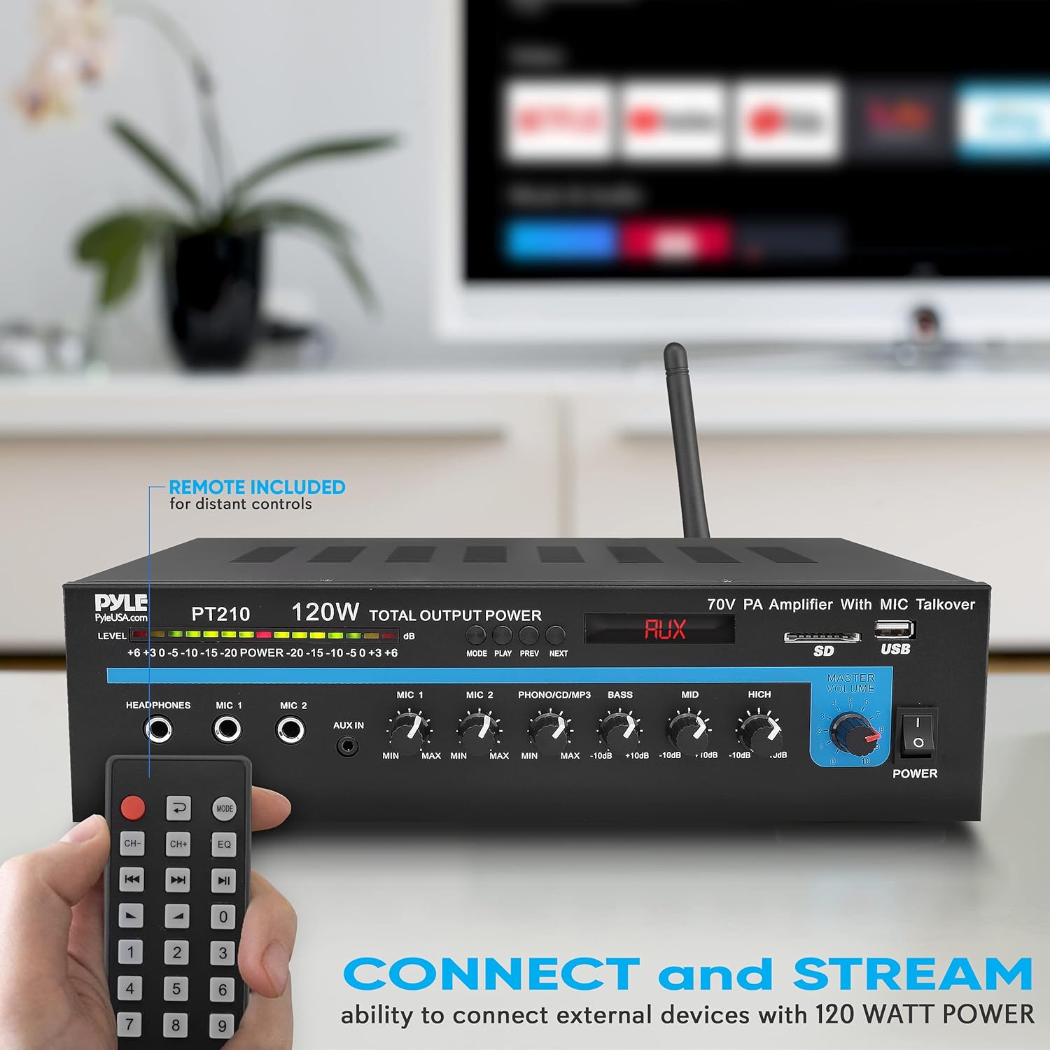 Pyle Public Address Mono Amplifier with Bluetooth - 120 Watt PA Amp with 70v Output, Dual Mic Inputs - Independent Vol Ctrl Per Channel - 3 Band EQ - For Home, Commercial, Restaurant, School - PT210