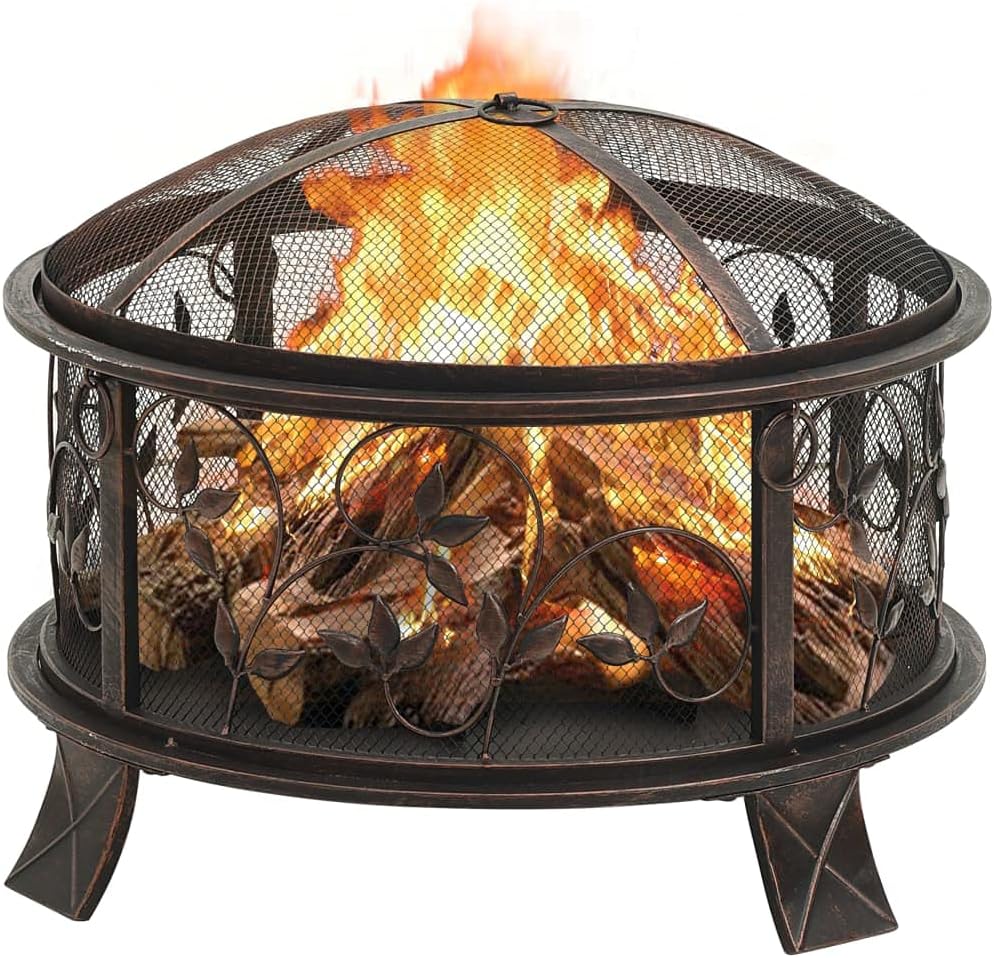 Steel Rustic Fire Pit with Metal Poker and Mesh Cover, Absorbing and Radiating Heat Outdoor Fire Pit Round Fireplace for Garden Patio 26.6