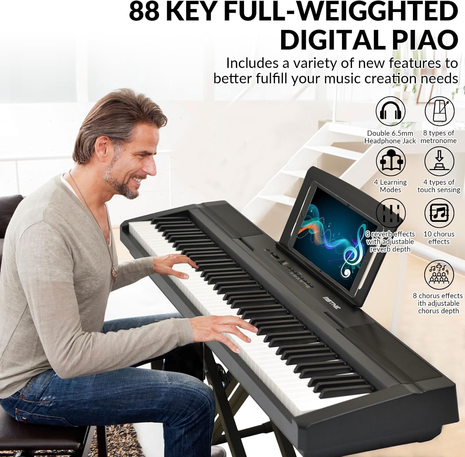 Digital Piano 88 Key Weighted Keyboard with Hammer Action, Full Size Weighted Keyboard piano 88 Key with 2x30W Speakers, Adjustable Stand, Carrying Case, Sustain Pedal, Headphone, ABS, Black