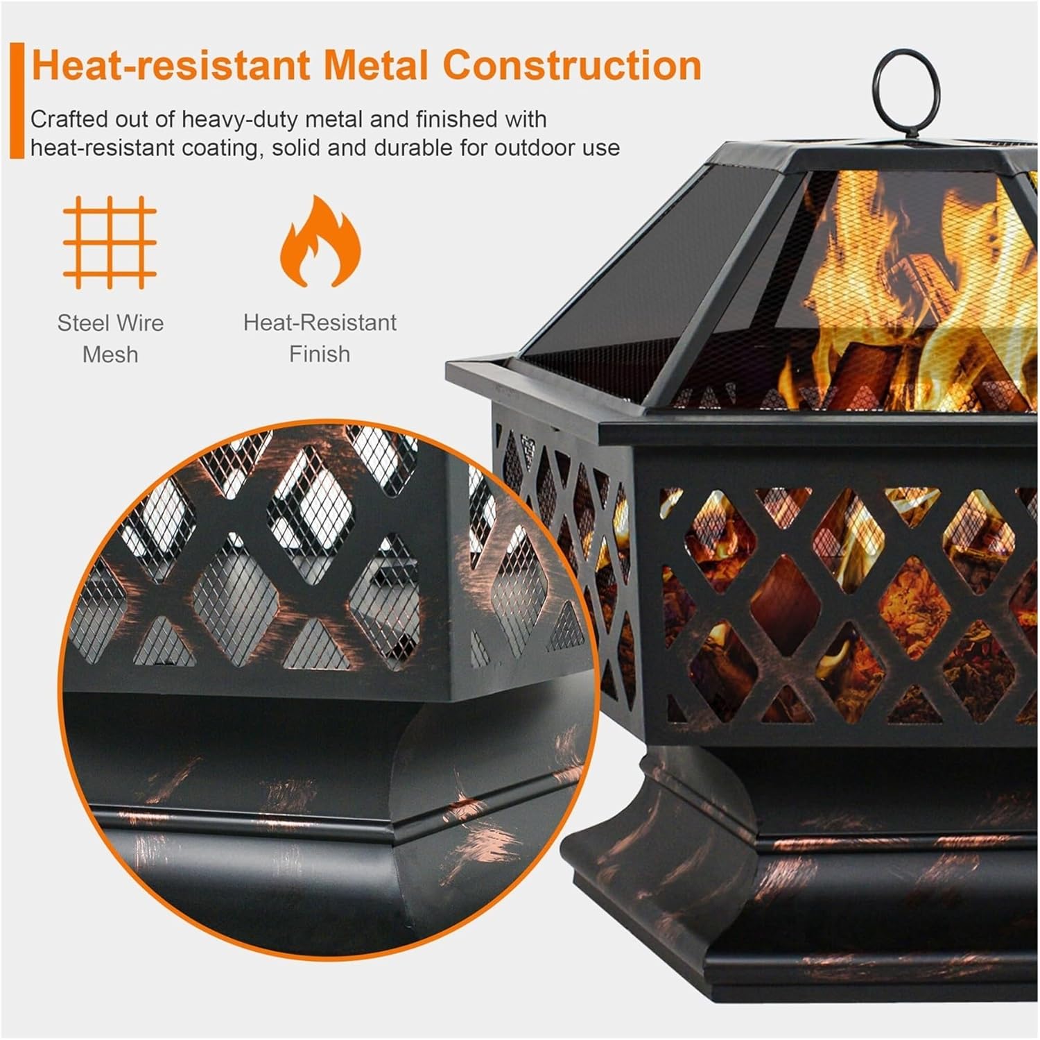 24 Inch Hexagon Outdoor Fire Pit with Mesh Screen Deep Steel Fire Bowl for Wood Burning Backyard Patio Camping and Outdoor Gatherings