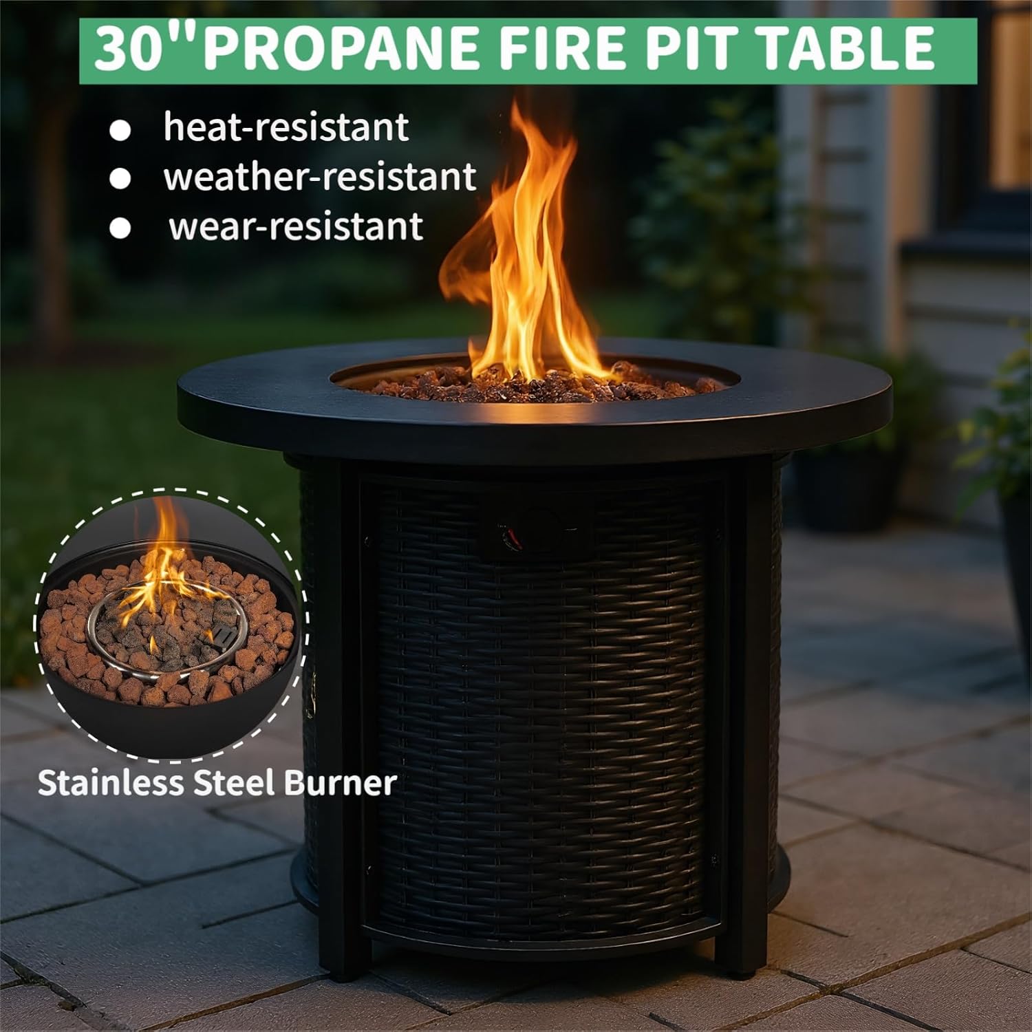30 Inch Outdoor Propane Fire Pit Table,50000 BTU Steel Gas Firepit with Lava Rocks & Cover, Portable Round Patio Heater for Deck Garden Backyard Black