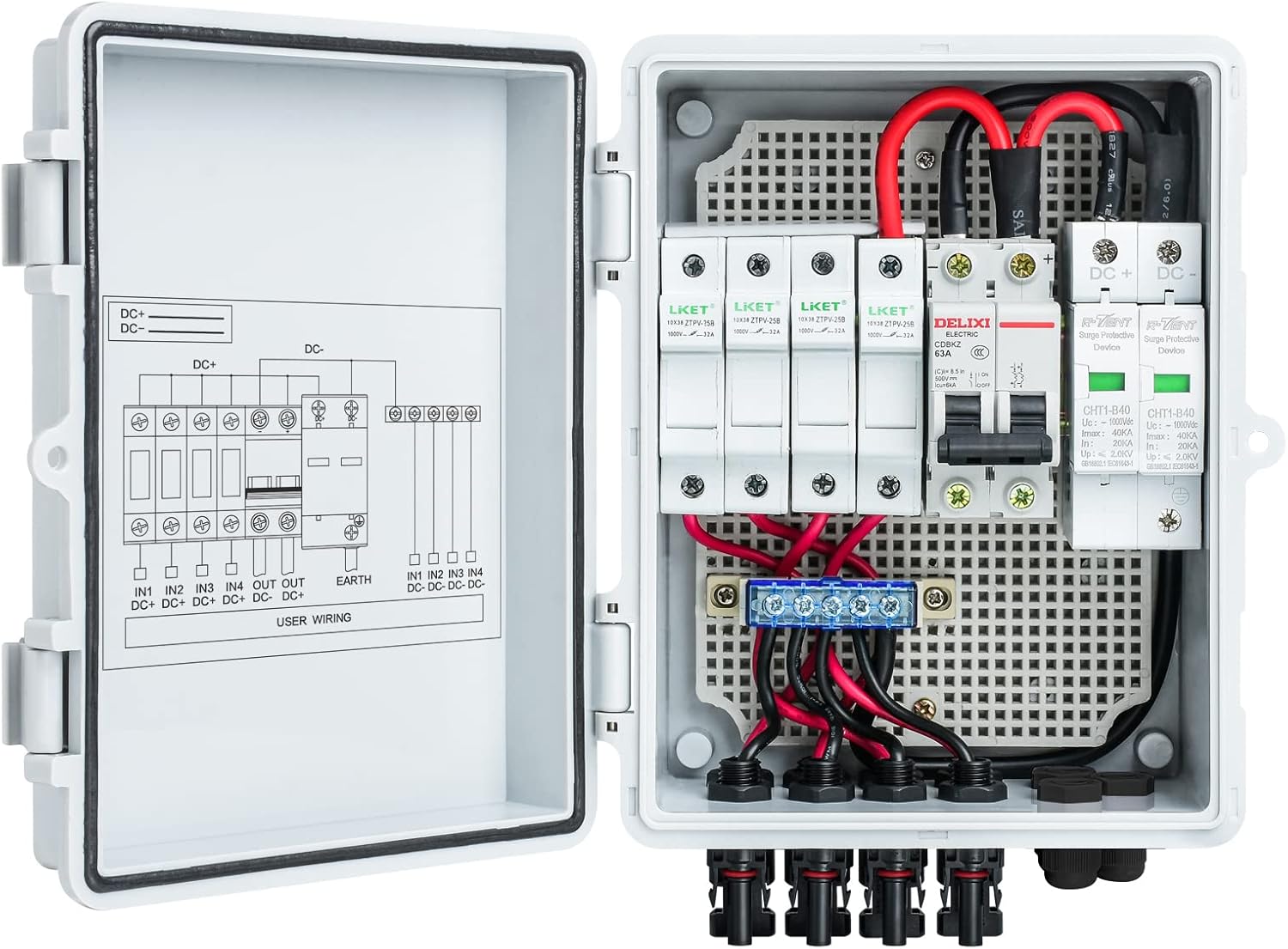 Solar Combiner Box, Briidea 4-String PV Combiner Box with 10A Circuit Breakers & Lightning Arrester, IP65 Waterproof, for On-Grid & Off-Grid Solar Panel Systems
