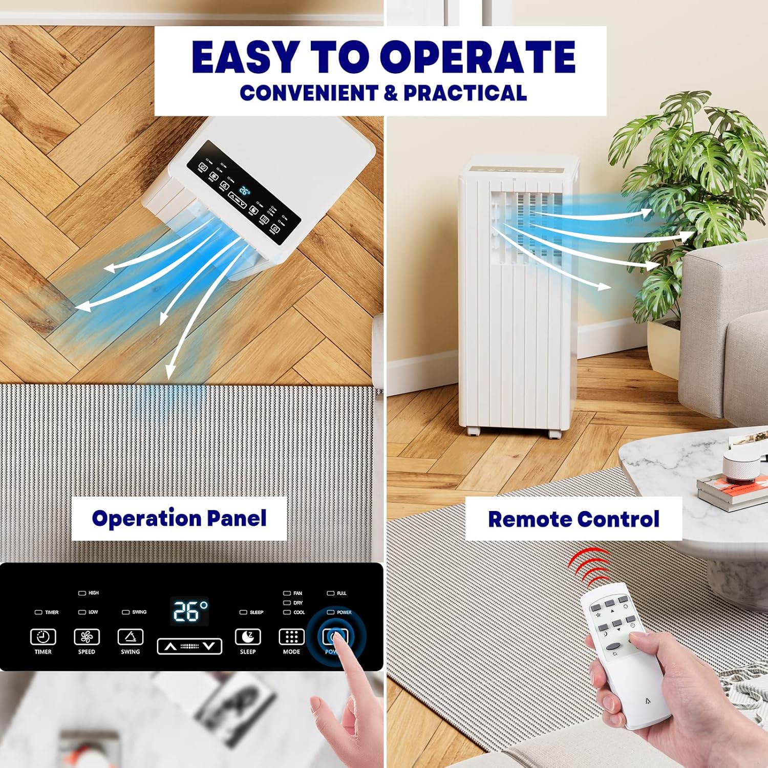 8,000 BTU Portable Air Conditioner - 3-In-1 Cooling, Dehumidifier & Fan for Rooms Up to 350 Sq.Ft. - Quiet AC Unit With Remote, 24H Timer & Window Kit