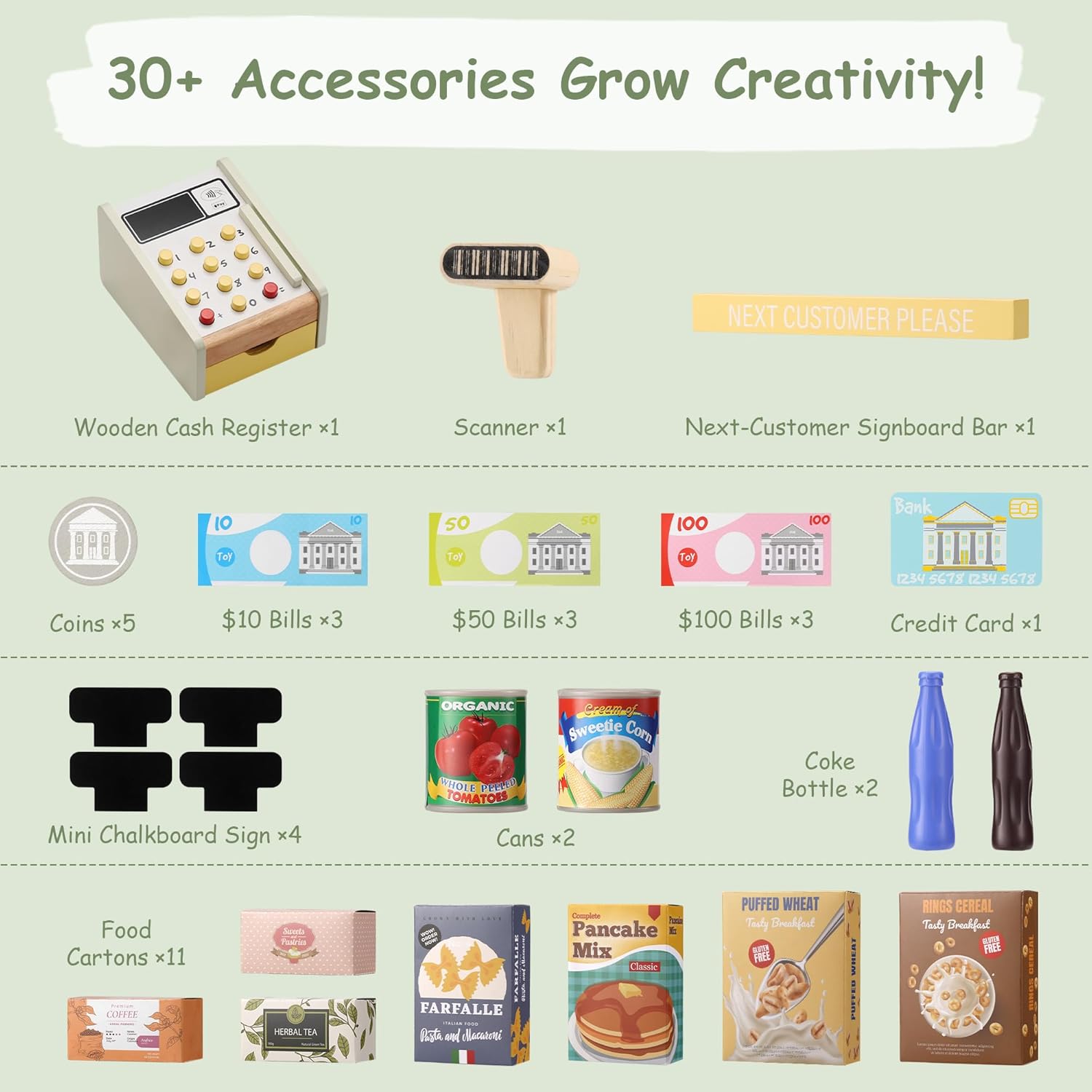 SainSmart Jr. Grocery Store Pretend Play, Wooden Play Store with Cash Register, Chalkboard, Cooler, Play Food Accessories, for Toddlers Aged 3+, Light Sage Green