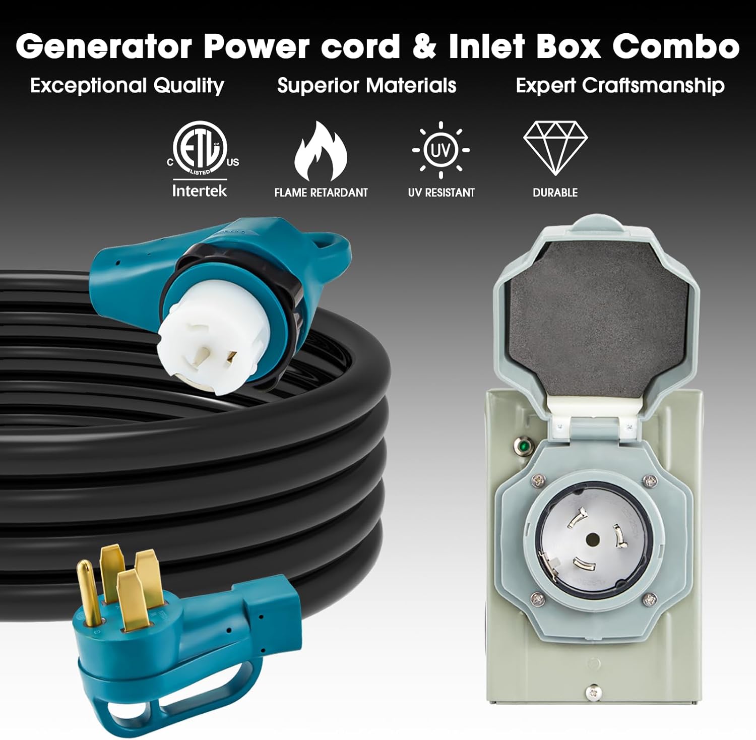 50 Amp Generator Power Cord and Power Inlet Box Waterproof Combo Kit, 125V/250V 50A NEMA 14-50P to SS2-50R Generator Extension Cord with NEMA SS2-50P Generator Inlet, ETL Listed (25FT)