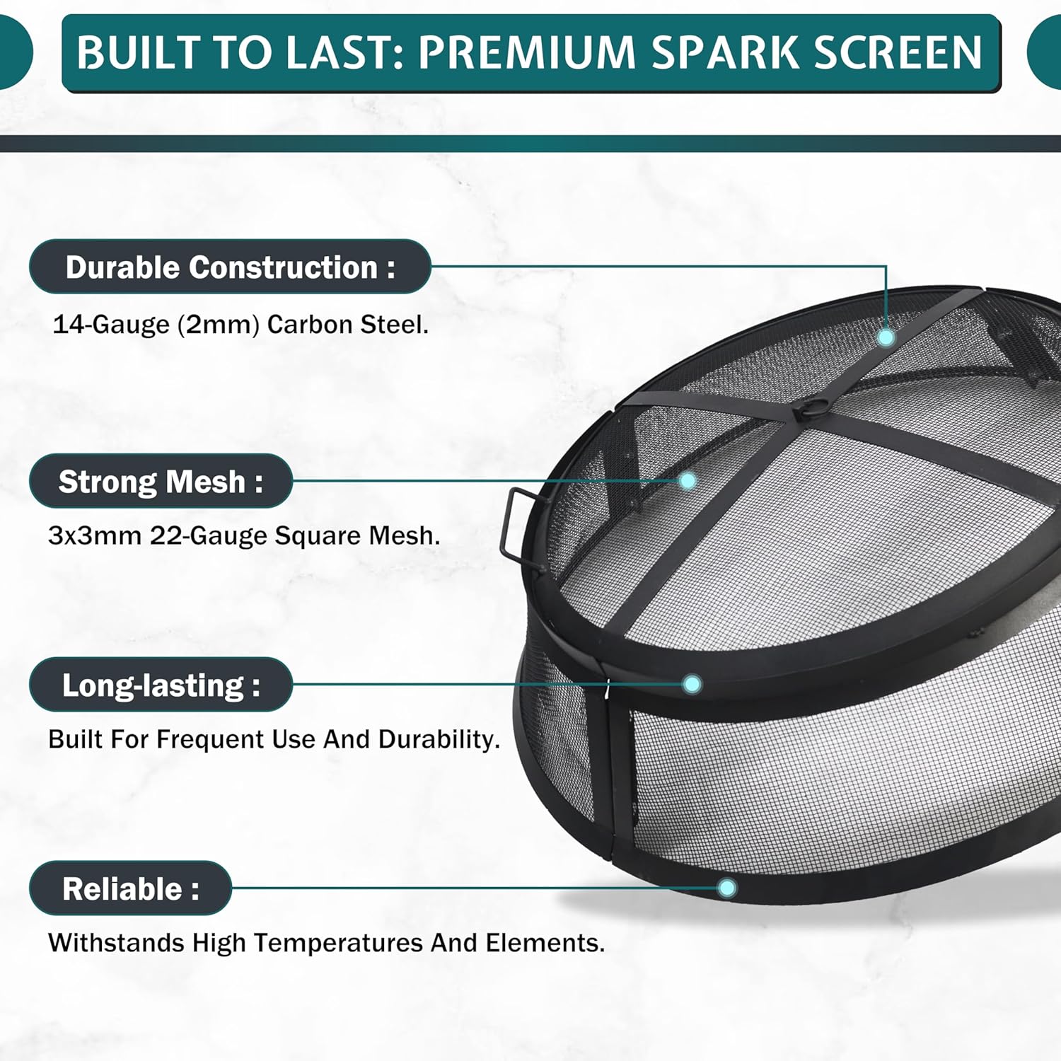 Febtech- Fire Pit Screen 30 inch Round - Heavy Duty Ember Arrester Fire Pit Spark Screen Steel Mesh Cover - FirePit Spark Screen Round with Hook for Outdoor Ring Cover & FirePit Insert