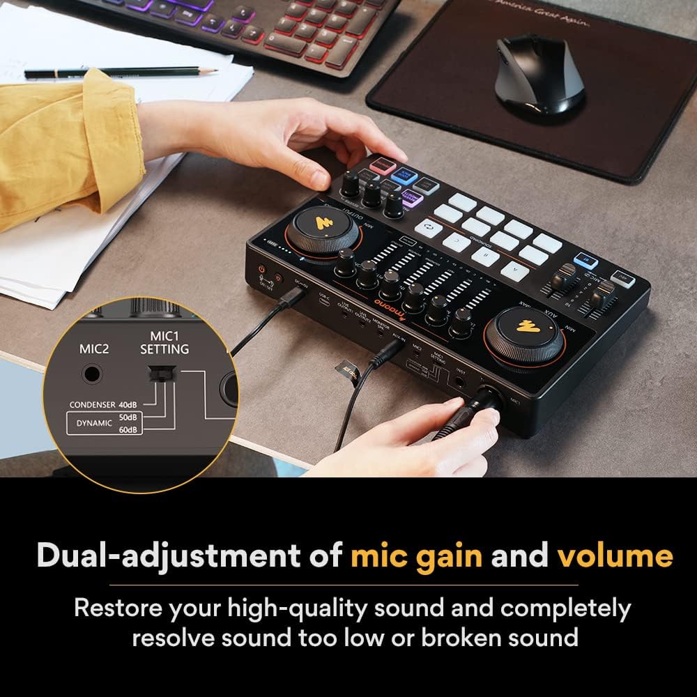 MAONO Audio Interface, MaonoCaster 10-Channel Podcast mixer with Pro-preamp, 48V Phantom Power, Bluetooth, 11 Customize sound pads for Recording, Streaming, Youtube, TikTok, PC, Guitar (AME2)