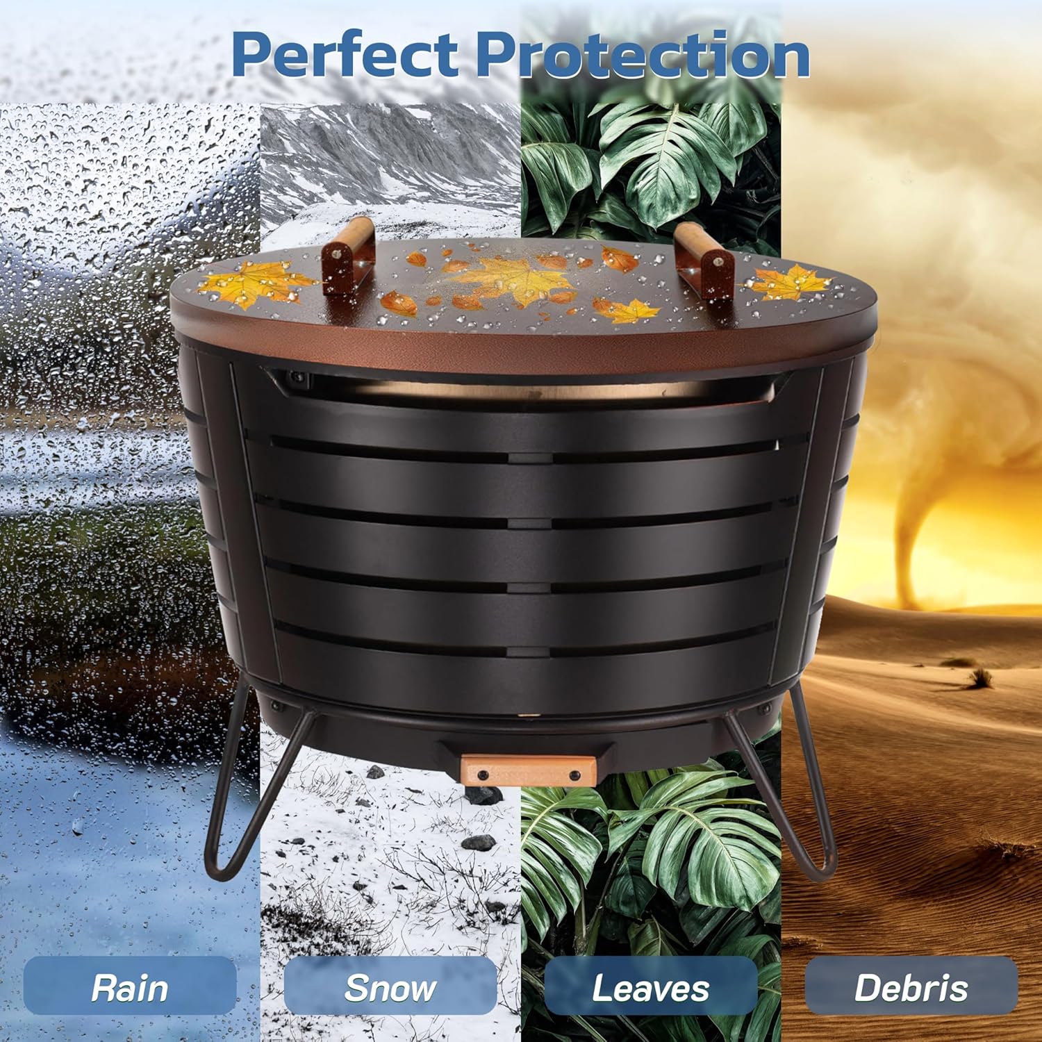 25.5” Round Fire Pit Lid – Bronze Coated fire pit cover round metal for Outdoor Fireplace 16 Gauge Steel Flat Fire Pit Burner Pan Cover with Wooden Handle Snuffer Lid for Round Patio Fire Pit