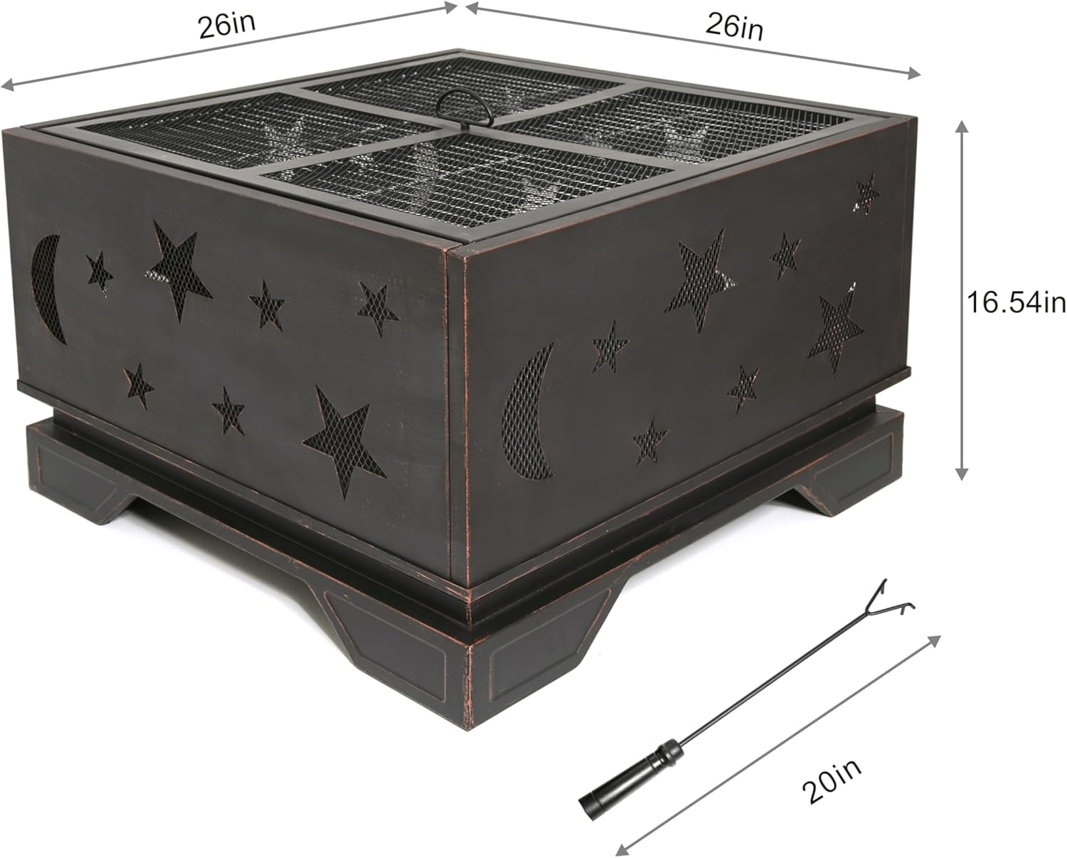 26 Inch Square Fire Pit with BBQ Grill, Outdoor Wood Burning Firepit with Poker, Large Burning Space Fireplace for Patio Garden Camping Backyard Picnic Bonfire