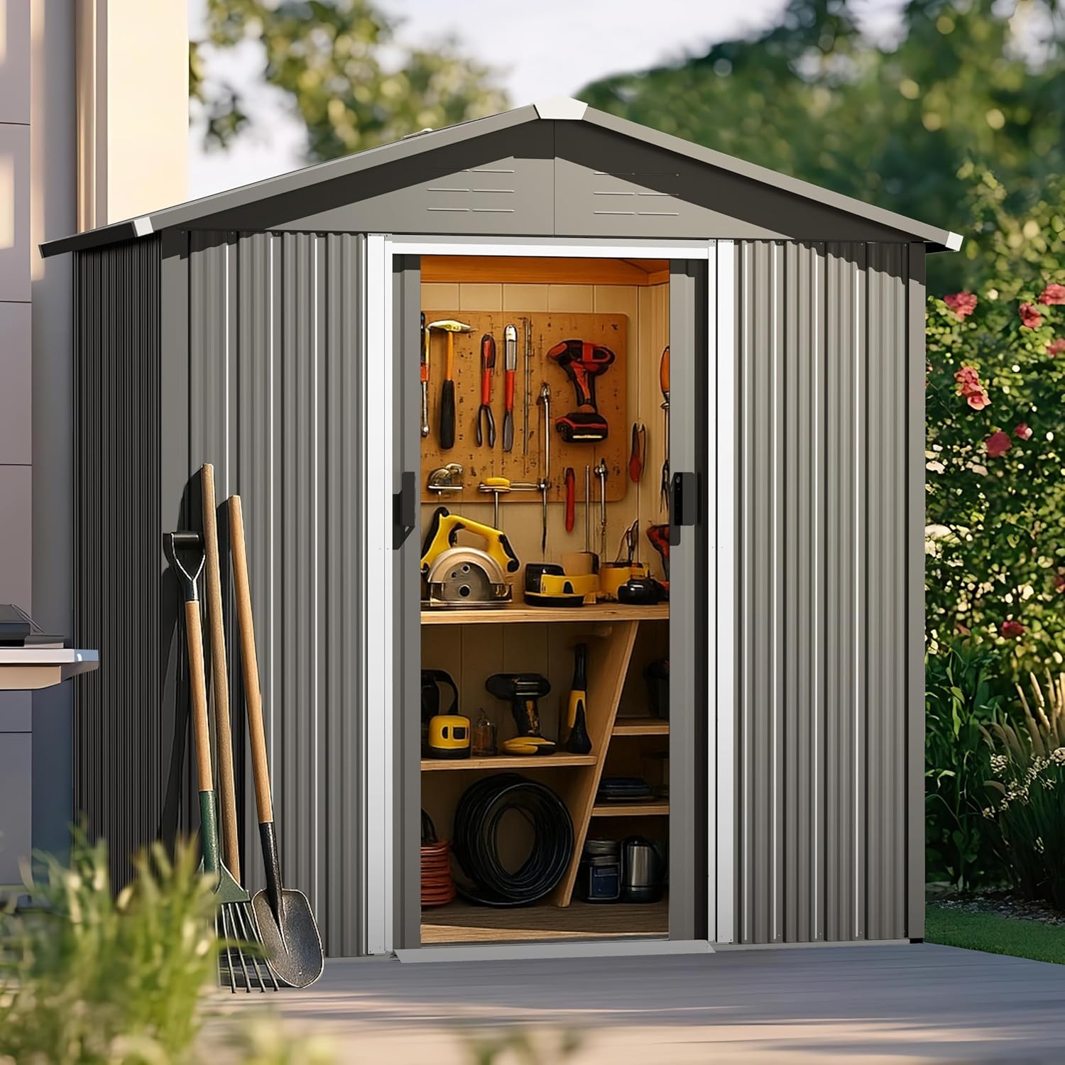 Nuu Garden 6 x 4 FT Outdoor Storage Shed with Sliding Doors, Galvanized Sheet Outdoor Shed with Sloping Roof, Anti-Corrosion Garden Shed with Air Vents for Backyard Patio Lawn, Gray
