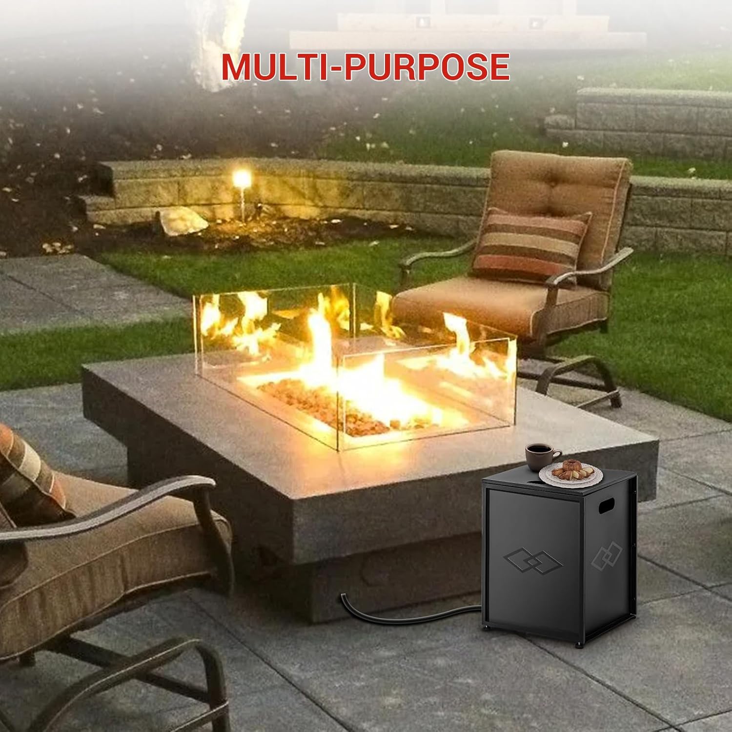 Weatherproof Propane Tank Cover Table with Handles – Outdoor 20lb Gas Tank Storage Hideaway for Fire Pits & Griddles – Sturdy Patio Deck Storage Box – Black-Rhombus