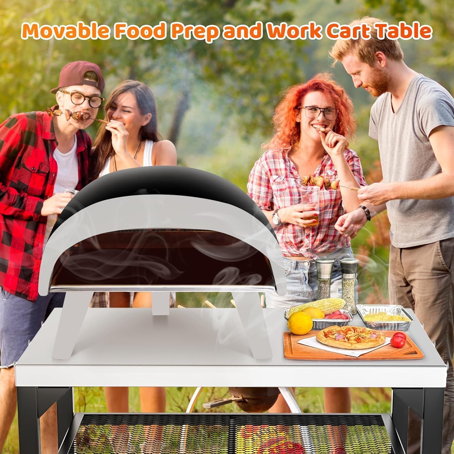 Pizza Oven Table for Ooni, Ninja, Woodfire, Blackstone, Bighorn, Cuisinart, Outdoor Grill Table for Ooni Pizza Oven Accessories, Movable Pizza Oven Stand as Food Prep Cart, Barbecue Tool Set
