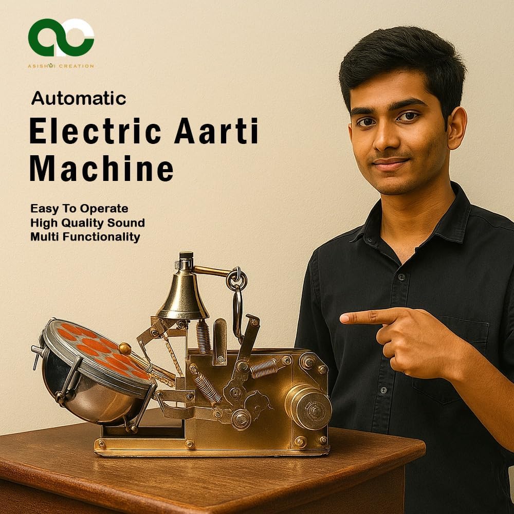 Small Arti Machine for House Temple Metal Automatic Aarti Machine for Home Atri Machine with Drum, Bells Adjustable Arti Tempo/Rhythm Ideal Gift for All Occasion Gold Color