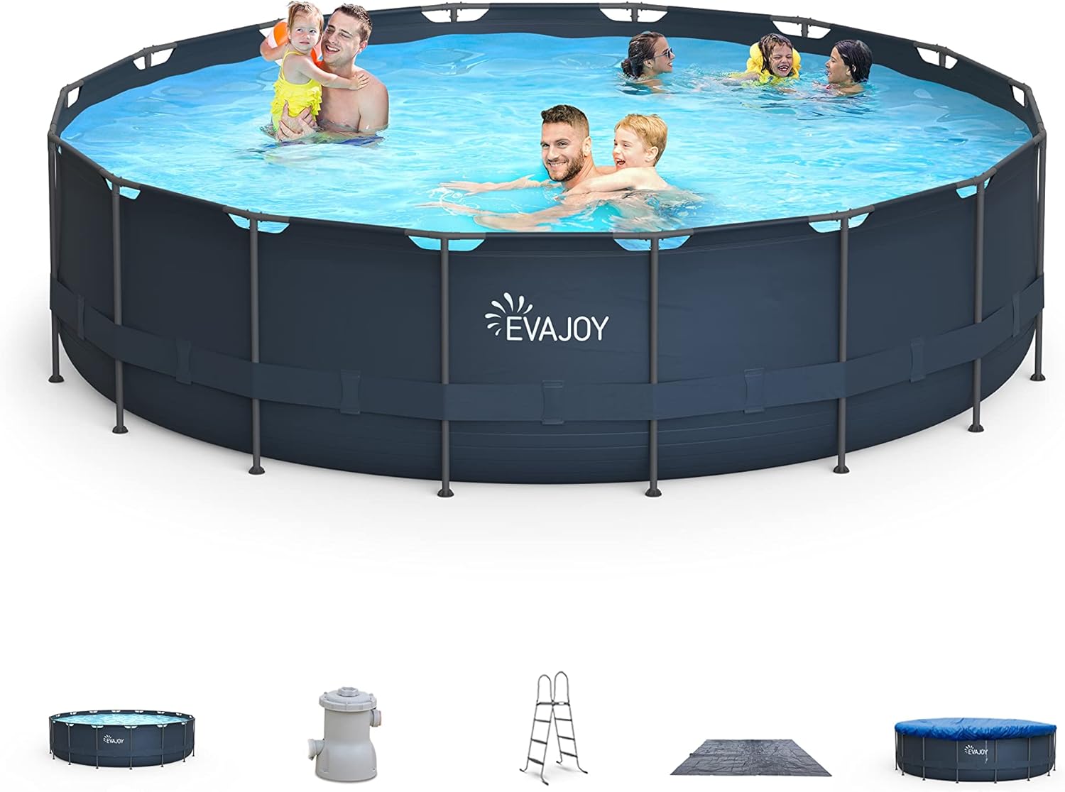 EVAJOY 18ft x 52in Metal Frame Swimming Pool Set, Round Above Ground Set with Cartridge Filter Pump, Filter Cartridge, Pool Ladder, Ground Cloth, Pool Cover for Backyard, Garden