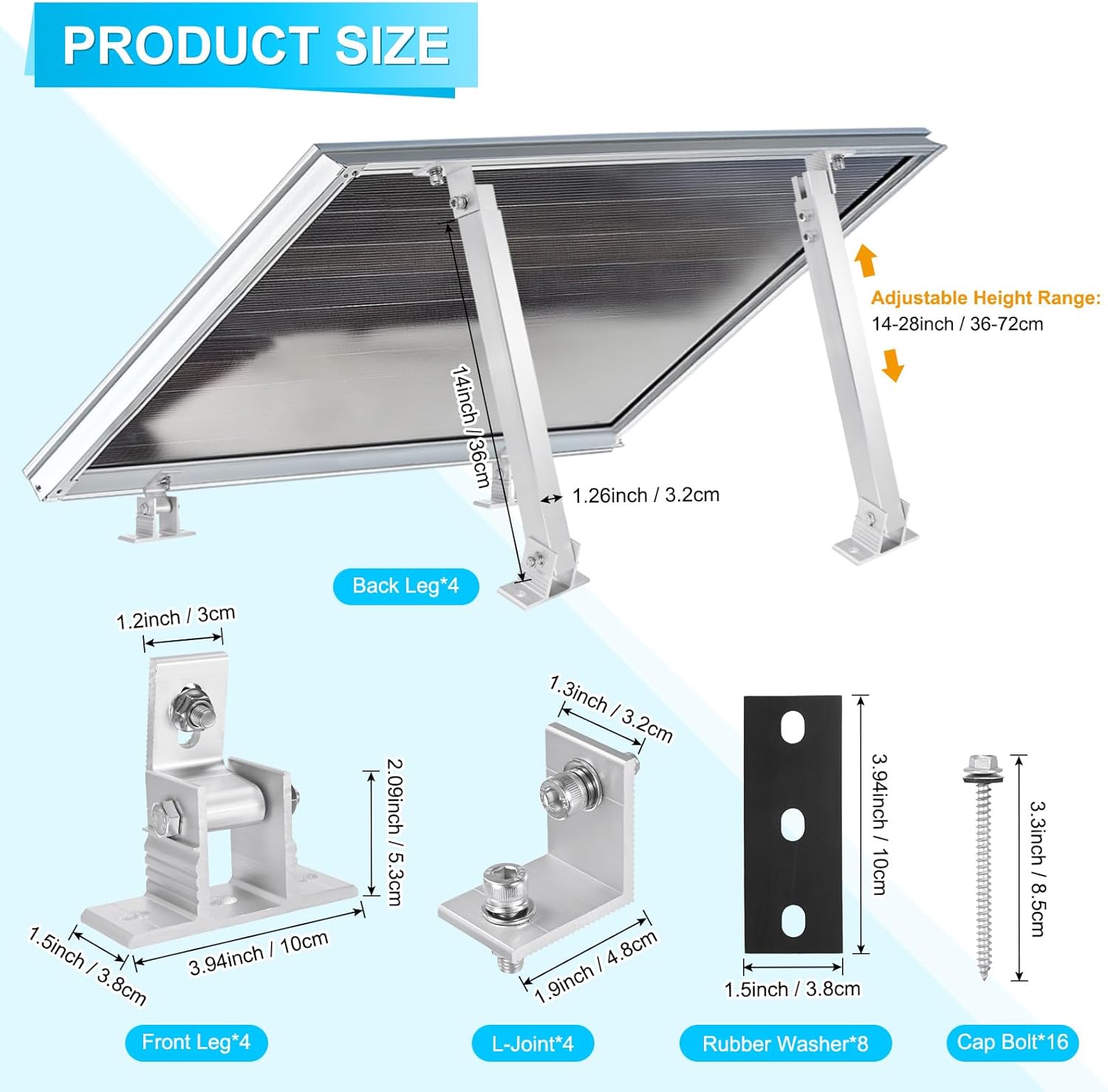 2 Sets Adjustable Solar Panel Tilts Mount Brackets Aluminum Alloy Mounting Brackets Kit Support 50W 70W 100W 150W 200W 300W 400W Solar Panel for Roof/RV/Boat/Wall/Off-Grid/Camping