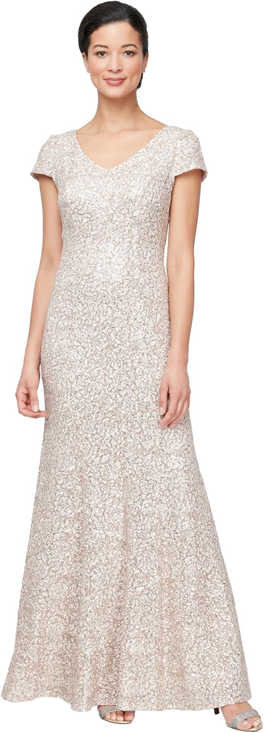 Alex Evenings Womens Long Rosette Mother of The Bride Dress with Short Sleeves, Wedding Guest (Petite and Regular Sizes)
