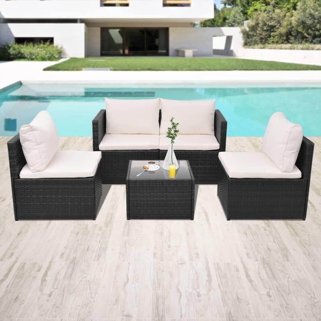 5 Piece Patio Lounge Set with Cushions Poly Rattan Black Garden Furniture
