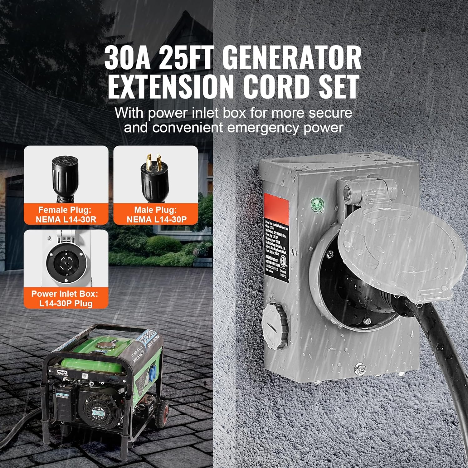 Happybuy 30 Amp Generator Cord Kit, 25FT, NEMA L14-30P/L14-30R, STW 10 AWG Power Extension Cord with Twist Lock, Pre-Drilled Inlet Box for RV Outdoor, ETL Listed