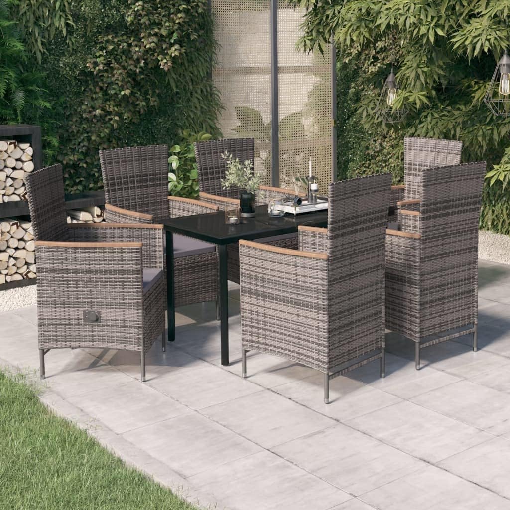 7 Piece Patio Dining Set with Cushions Gray,Stylish Garden Dining Set with Recliner Chairs and Glass Tabletop Patio Furniture Sets, Outdoor Furniture Sets