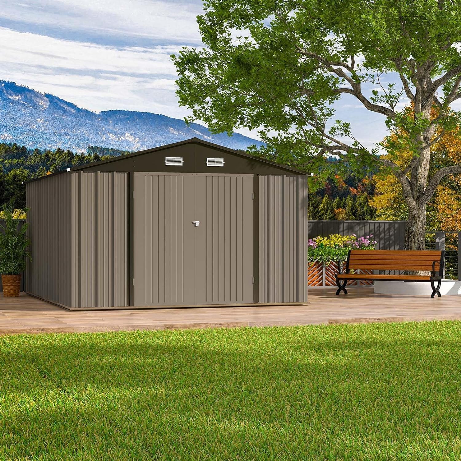 Storage Sheds, 10x12 Ft Outdoor Metal Storage Shed, Galvanized Steel Garden Sheds with Lockable Doors, Waterproof Garden Tool Cabinet, Garden Shed for Backyard Garden Patio Lawn