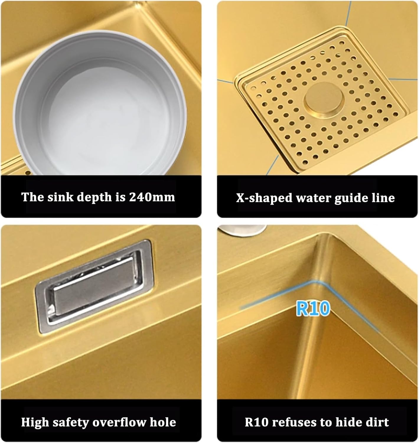 Kitchen Sink Tap,Golden Stainless Steel Sink Kitchen Double Bowl Sink Large Capacity Sink Golden Faucet Including Soap Dispenser and Other Accessories (82x46x24cm)