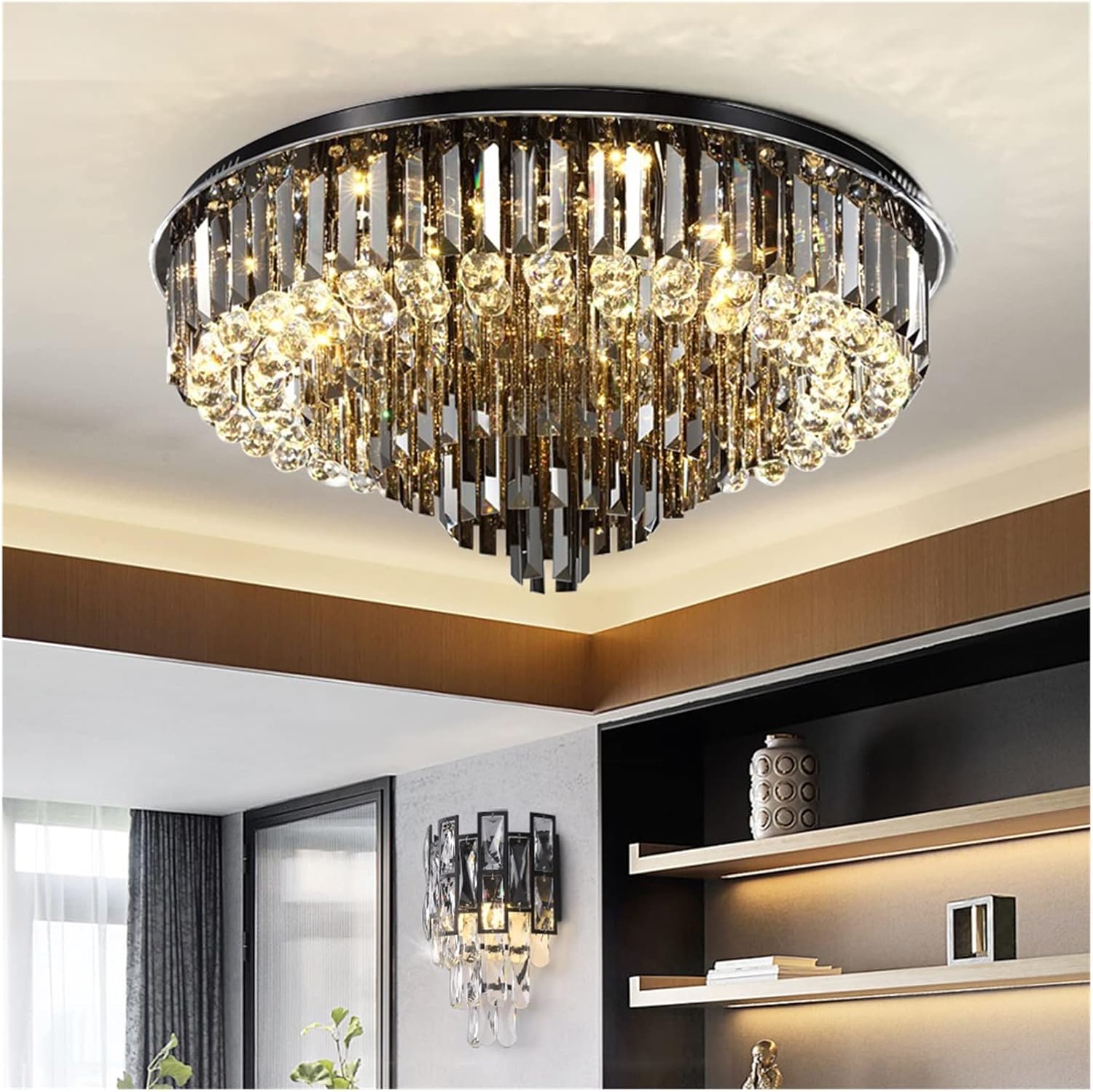 Chandelier, Crystal Chandelier Luxury Led Ceiling Big Living Room Pendant Lamp Modern Gray Clear Cristal Lighting Fixture Round Lustre(Dia100xH48cm,Dimmable Cool)