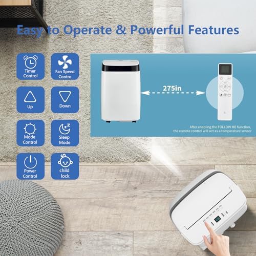 10,000 BTU Portable Air Conditioner with Remote Control - Quiet AC Unit for Cooling, Dehumidifier & Fan Modes, Ideal for Rooms up to 450 Sq. Ft,24-Hour Timer,White