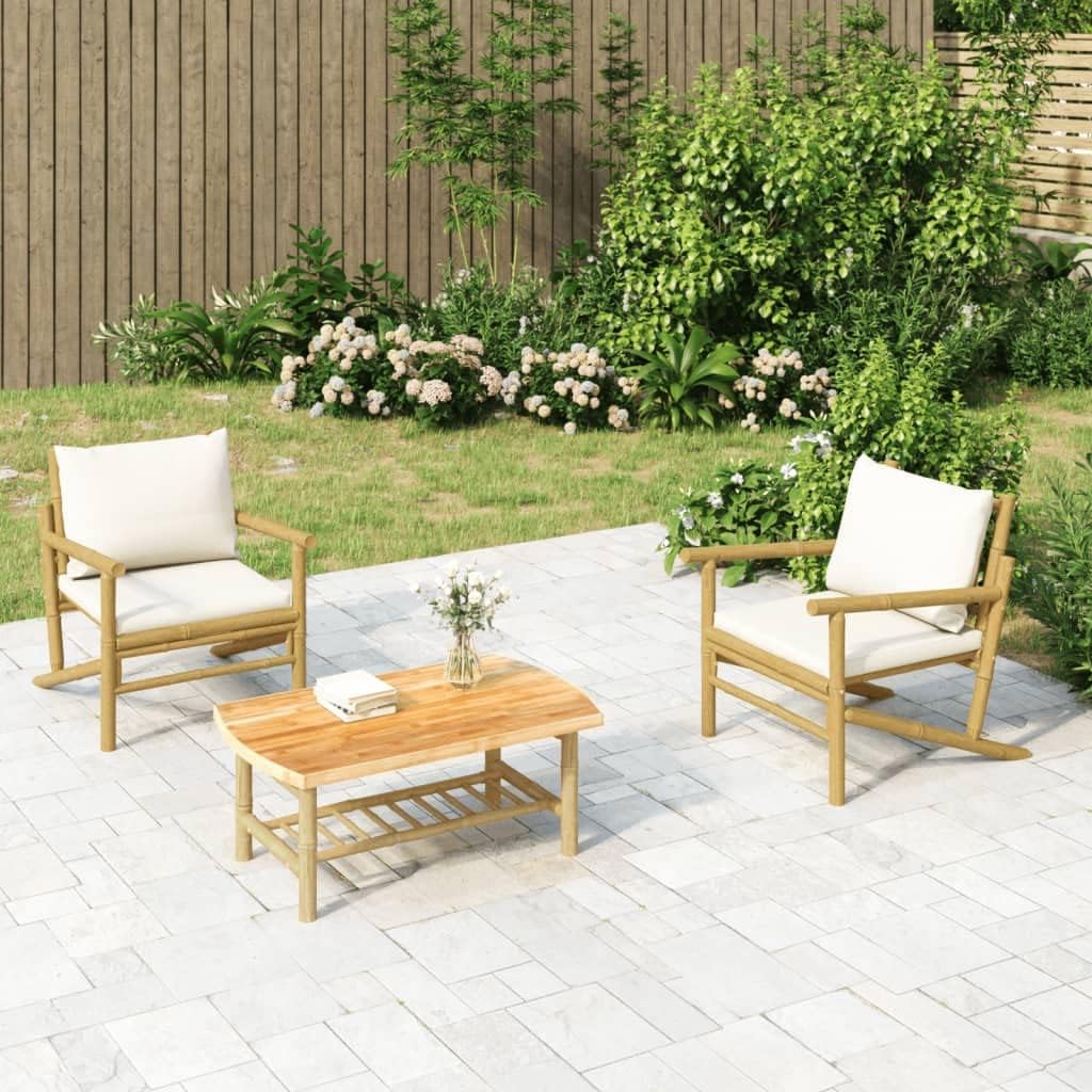 3 Piece Patio Lounge Set with Cream White Cushions Bamboo,Bamboo Patio Lounge Set with Comfortable Cushions and Sturdy Table for Outdoor Relaxation Patio Furniture Sets, Outdoor Furniture Sets