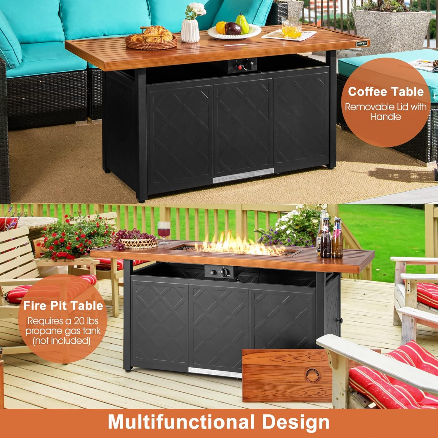 Giantex Propane Fire Pit Table 57-Inch - 50,000 BTU Gas Fire Pits for Outside Patio, Auto-Ignition, Heat Resistance Tabletop, Lid, Lava Rocks, Firepit for Outdoor Rectangular Fire Table (Brown)