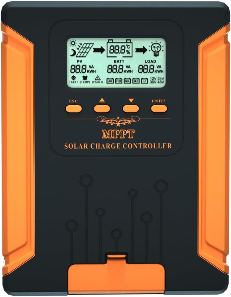 120A 12V/24V/36V/48V MPPT Solar Charge Controller with Heat-Dissipating Metal Housing, Dual Fans, and LCD Display, for LiFePO4, Gel, Lithium, SLD, FLD, and Ternary Battery