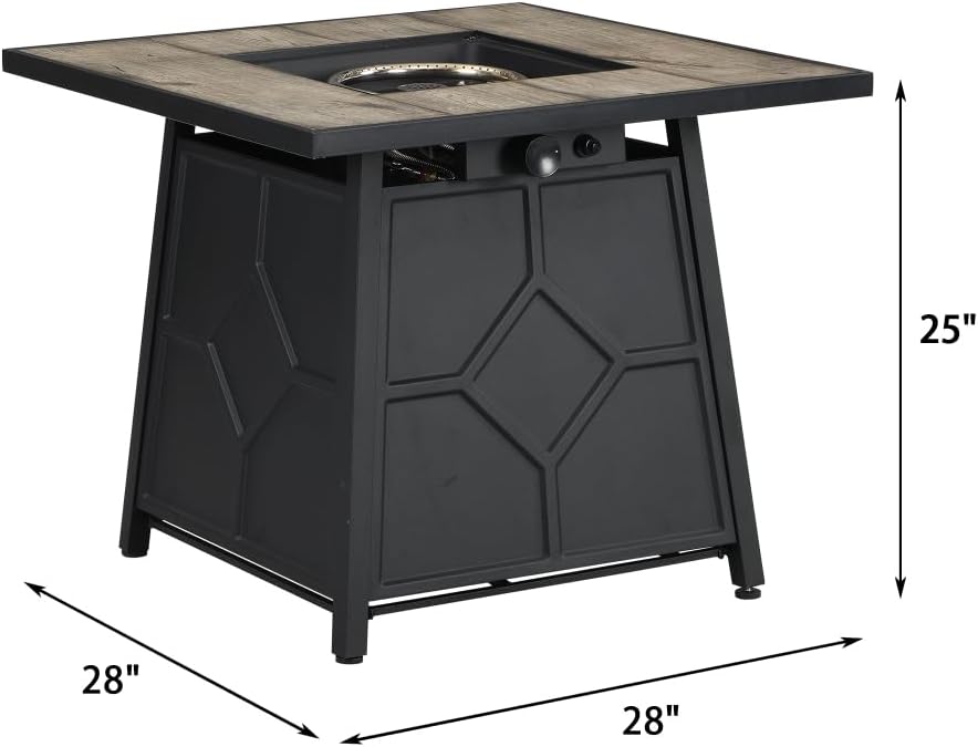28-Inch Square Propane Fire Pit Table with Auto-Ignition, CSA-Certified Outdoor Gas Fire Table for Patio, Deck & Backyard (Grey + MDF+Iron)