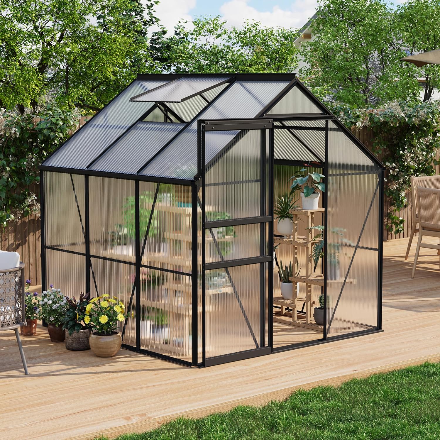 CABIHOME 6 x 6 FT Greenhouses for Outside, Polycarbonate Greenhouse with Aluminum Frame, Sliding Door, Adjustable Roof Vent, Backyard Green Houses, Patio Garden, Black