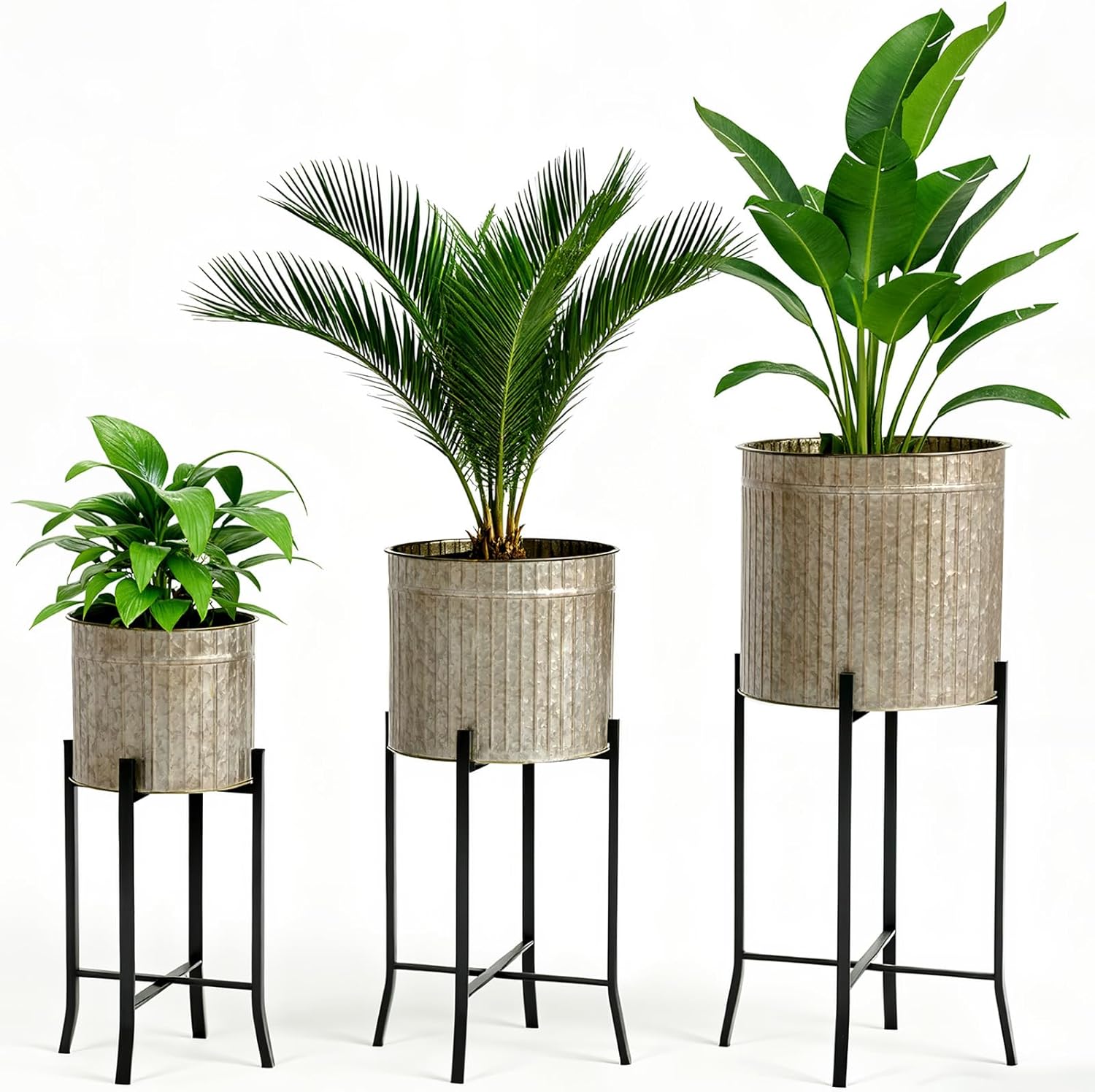 Set of 3 Standing Planters 12.8'' 11.5'' 9.5'' Corrugated Galvanized Planters Farmhouse Rustic Plant Stand Metal Flower Pot for Indoor Outdoor Plants Garden Patio Porch Balcony