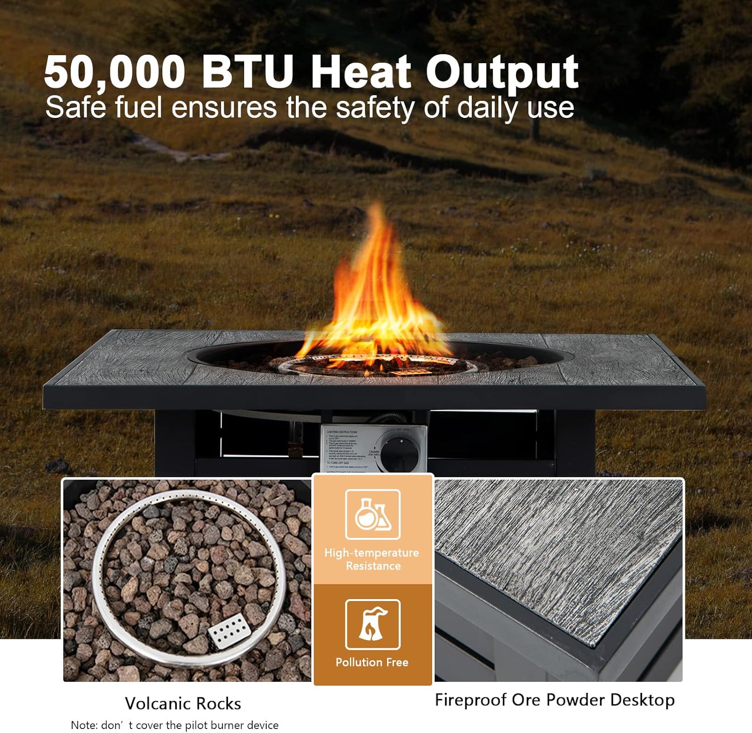 Happygrill 50,000 BTU Fire Pit Table Outdoor Auto-Ignition Propane Firepit Table, 32” Square Firepit with Waterproof Cover Lava Rocks for Patio Backyard Balcony