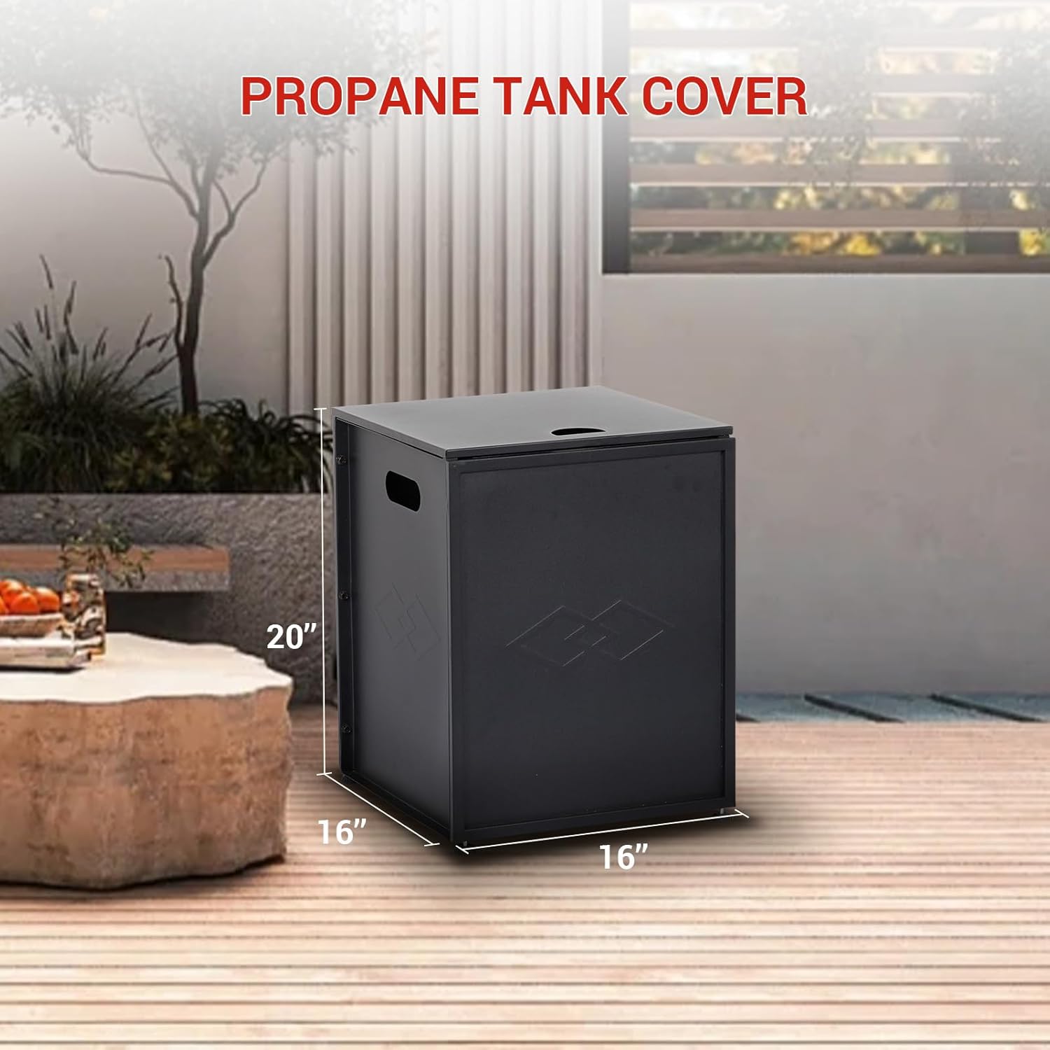Weatherproof Propane Tank Cover Table with Handles – Outdoor 20lb Gas Tank Storage Hideaway for Fire Pits & Griddles – Sturdy Patio Deck Storage Box – Black-Rhombus