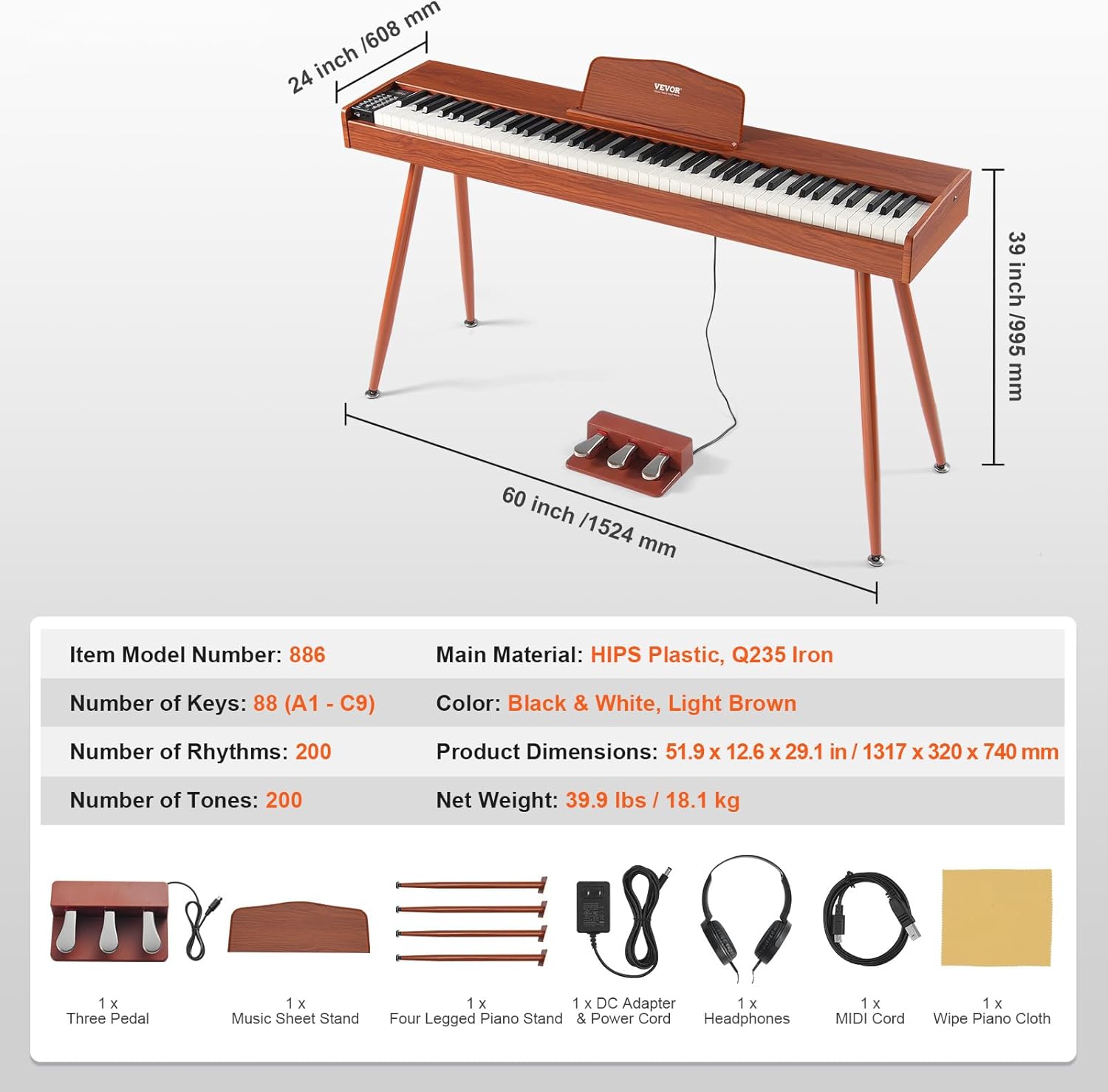 HappyBuy Digital Piano with Weighted Keys, 88 Key Electric Piano with Dual Keyboard & Speakers, Four-Legged Stand and Headphone, 200 Tones & Rhythms, Bluetooth/USB/MIDI Support, Ideal for Novices