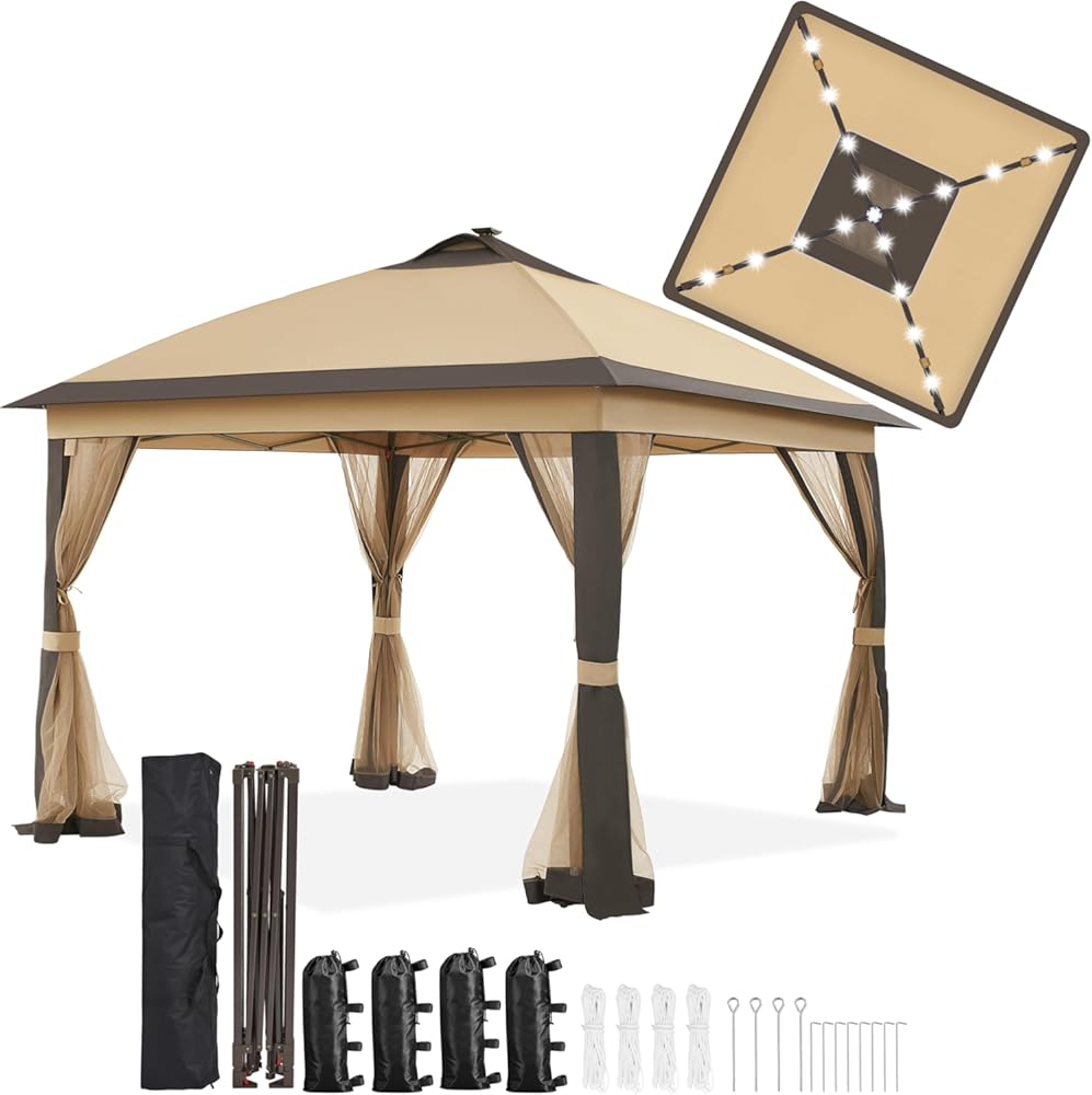 Yaheetech 11'x11' Pop Up Gazebo Instant Tent with 17 Solar LED Lights & Zippered Mesh Netting, Outdoor Shelter Sun Shade Gazebo with Sandbags for Backyard Garden Patio, Khaki & Brown