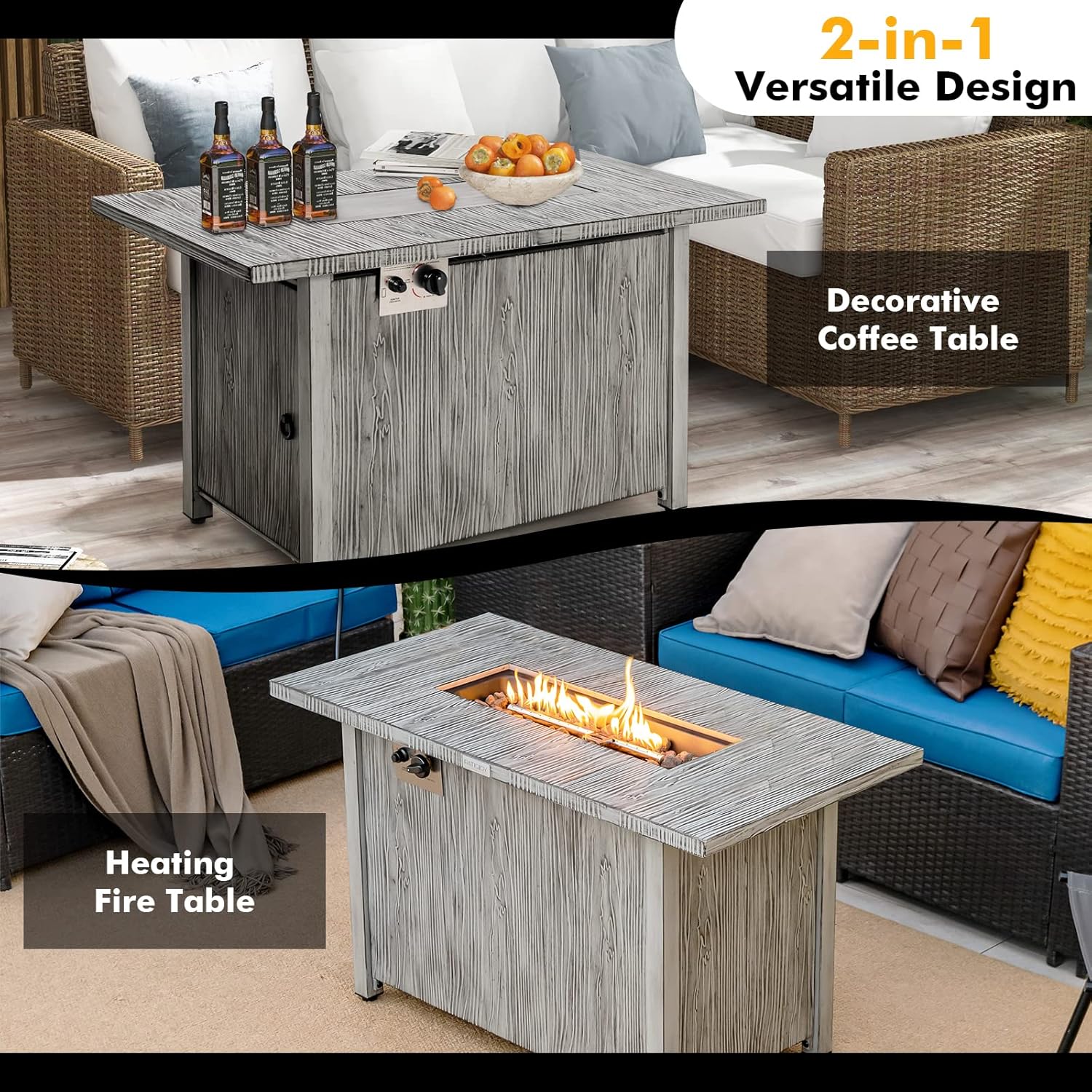 Giantex Outdoor Fire Pit Table - 43 Inch Propane Fire Pit, 50,000 BTU Gas Fire Table with Removable Metal Lid, Hideaway Tank Storage, Waterproof Cover, Lava Rocks, CSA Certificated Patio Firepit, Gray