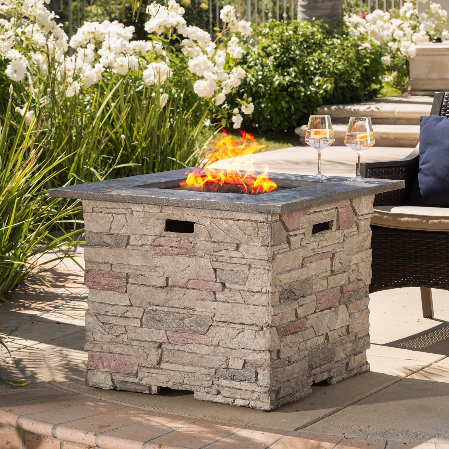 32'' Stone Square FIRE Pit W, Grey TOP 40,000 BTU