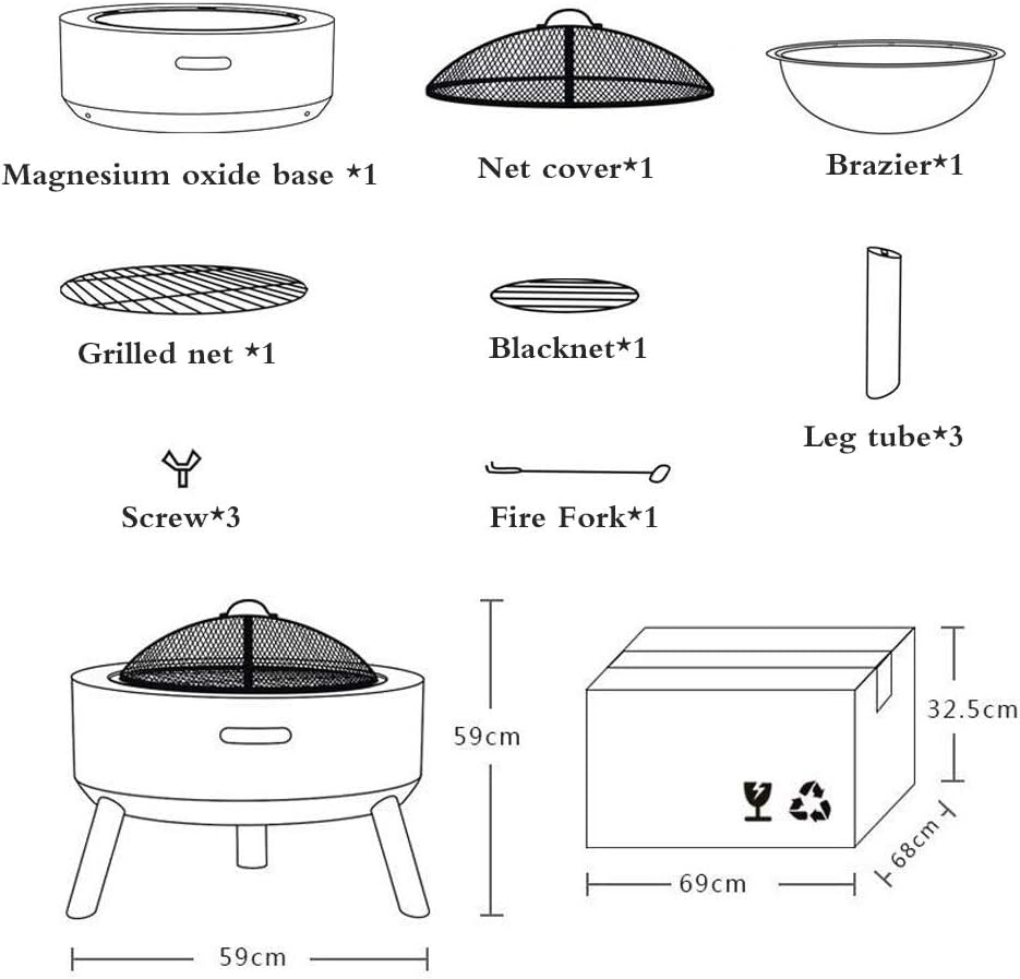 Geo Fire Pit Bowl, Fire Pit with BBQ Grill Shelf Triangle Bracket Magnesium Oxide Material Outdoor Garden Fire Pit with Mesh Cover,Black