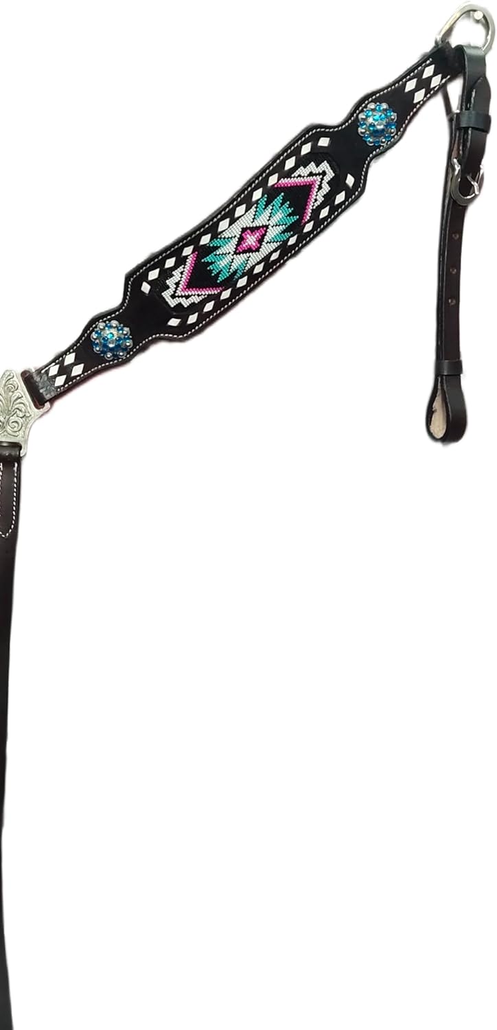 Western Premium Leather Hand Beaded Headstall, Breast Collar, Reins Tack Set Equestrian Trail Accessories Carved Tooled Comfortable Horse Riding Training Size: Full