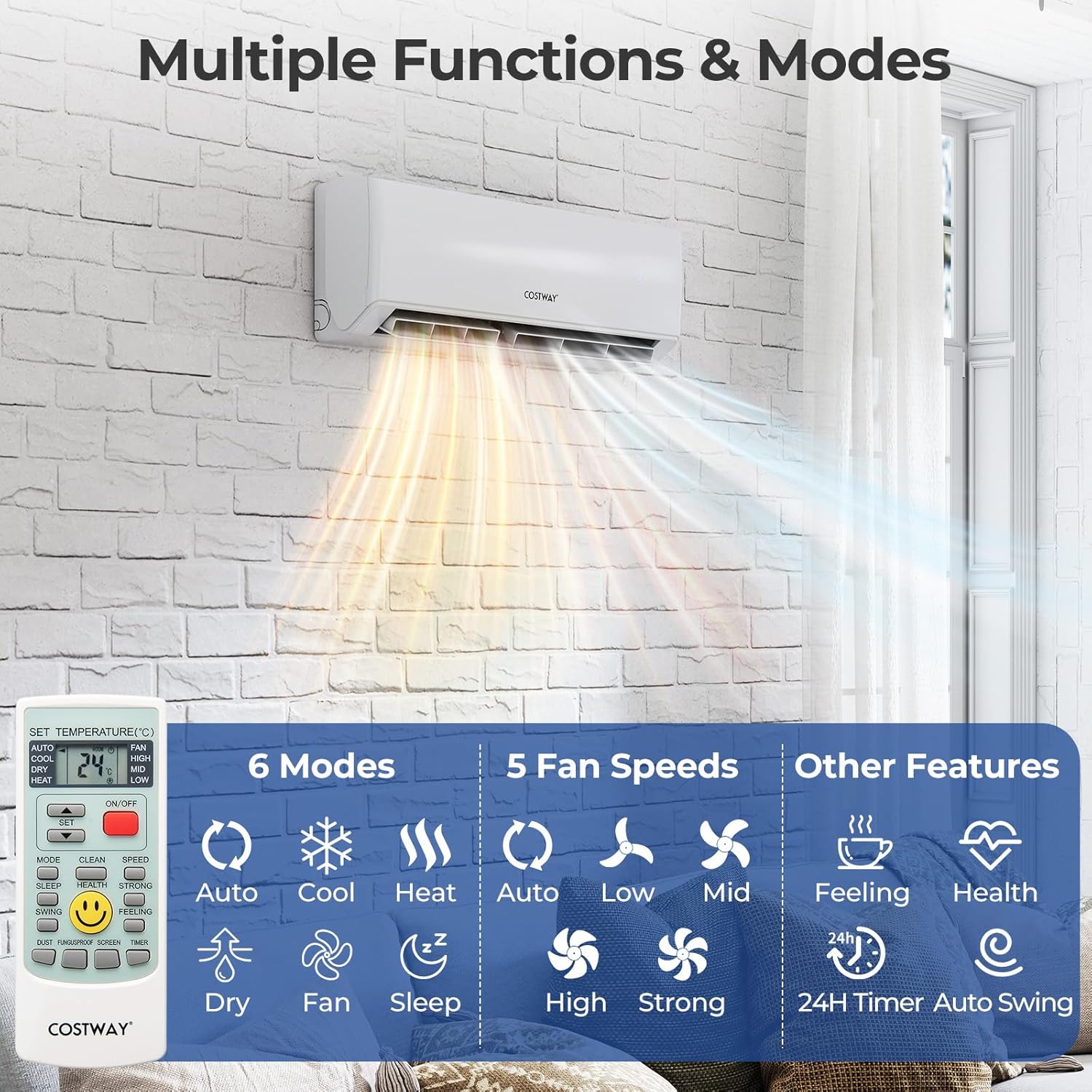 COSTWAY 18k Dual 2 Zone Mini Split Air Conditioner, 22 SEER2 7000 BTU+ 7000 BTU, 208-230V, Wifi Enabled Multi Zones Mini Split AC Heat Pump Full Set, Ductless Energy Star
