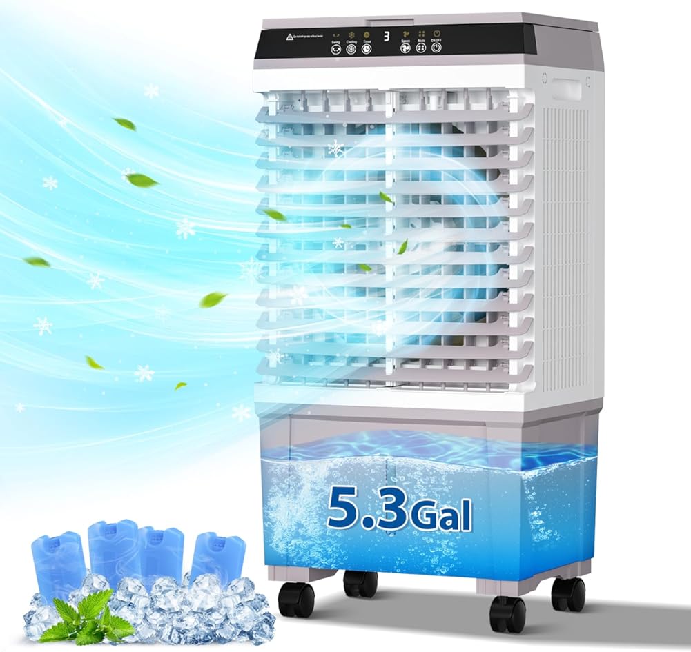LifePlus Evaporative Air Cooler, 1800CFM Windowless Air Conditioner Portable for Large Room Commercial Garage Outdoor, 3 In 1 Swamp Cooler with Remote Control, 4 Ice Packs, 12H Timer, 5.3 Gallon