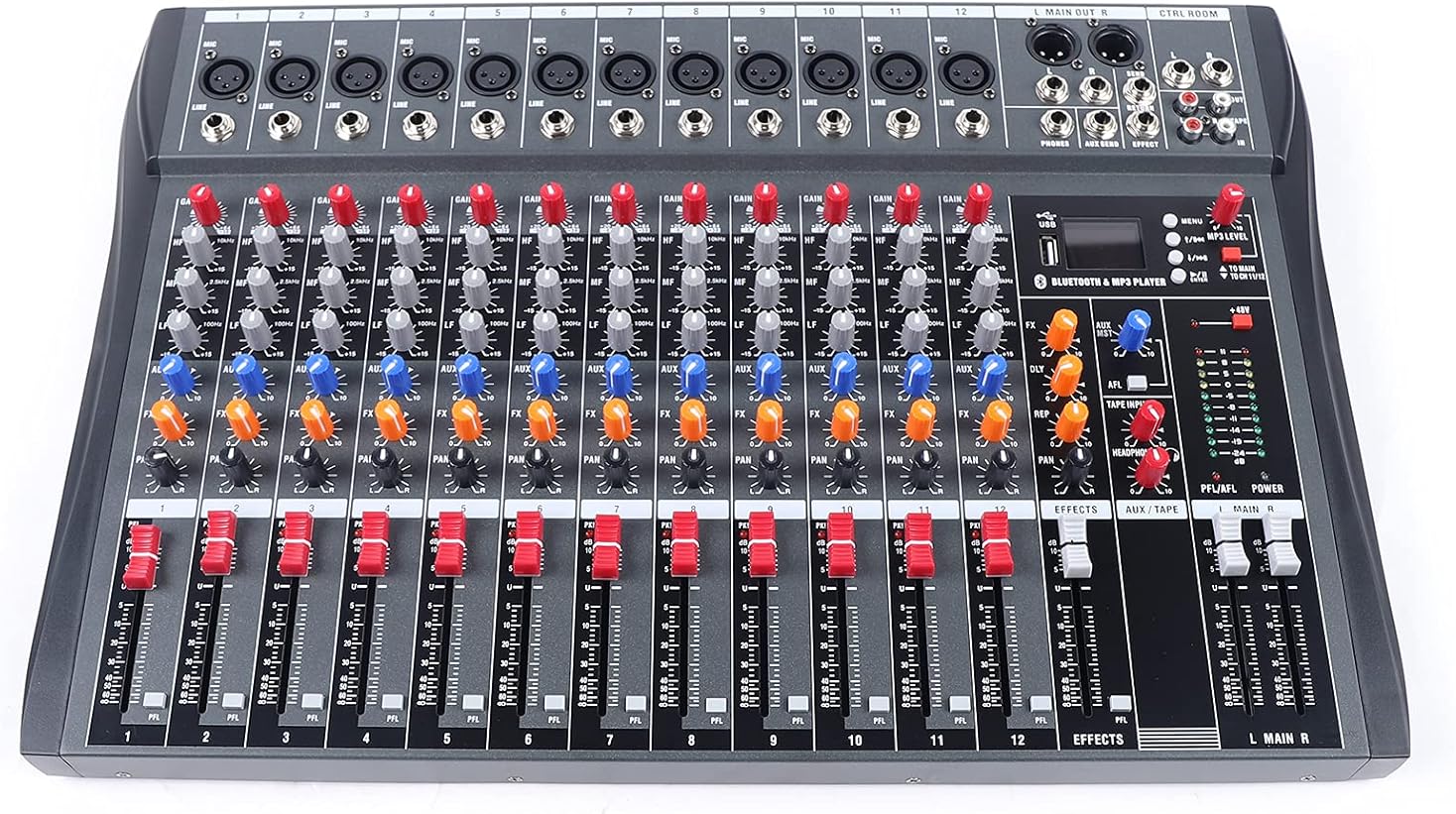 12 Channel Audio Mixer, Professional Live Studio Audio Mixer with Bluetooth USB PC Recording Input, Mixing Console Amplifier Studio, Black